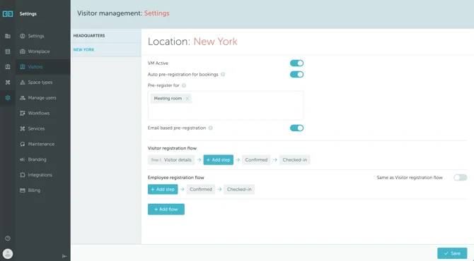 Visitor Management Settings page showing VM Active toggle