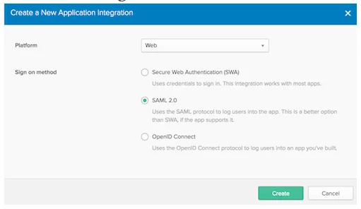 Create New App dialog in Okta