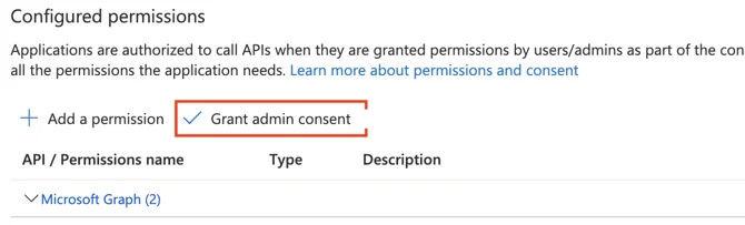 Grant admin consent button