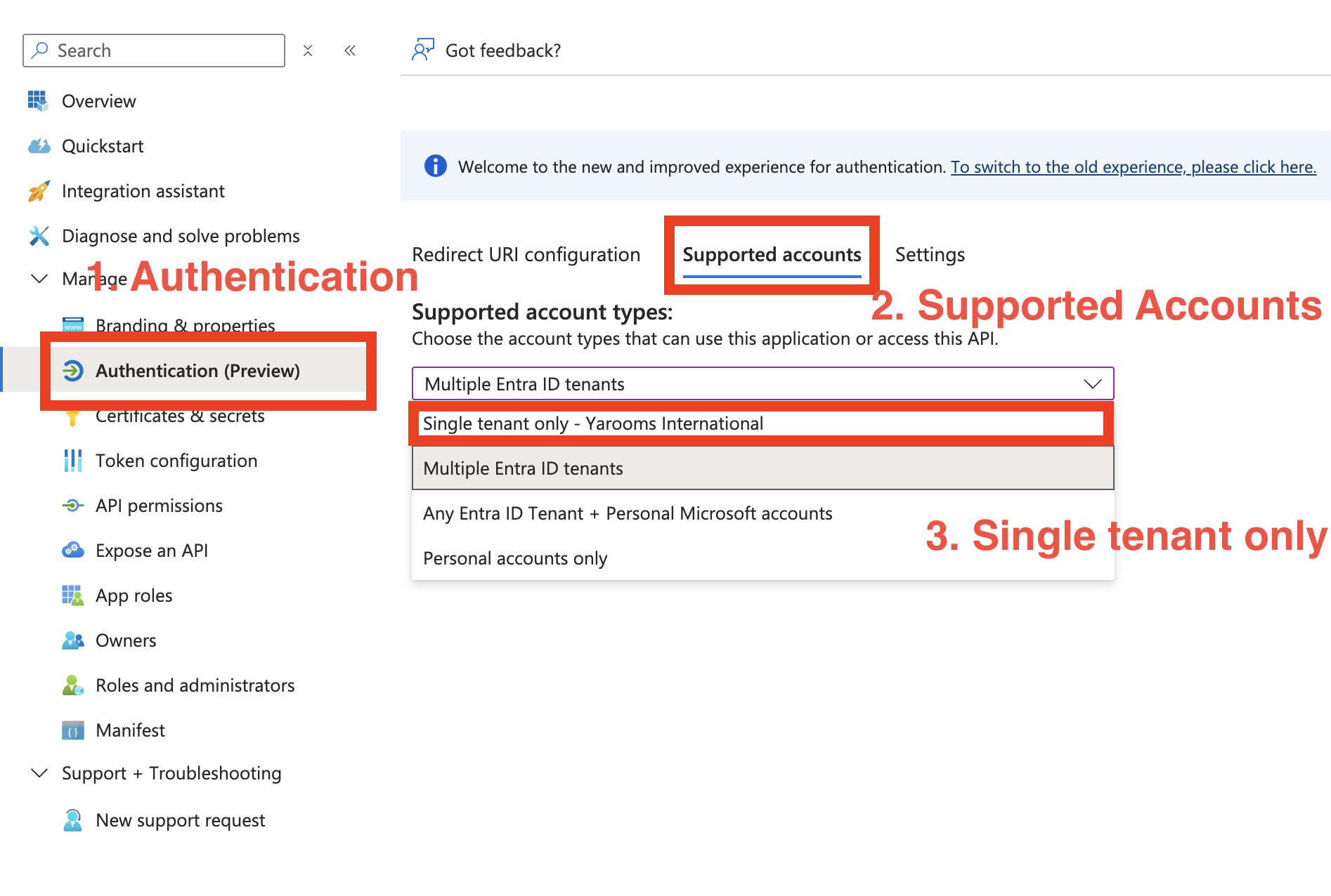 Authentication supported accounts - single tenant only