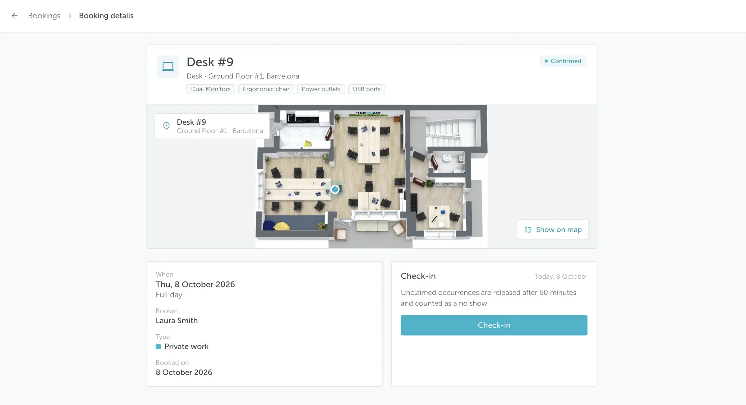 Booking details for Desk #9 with a Check-in panel showing the 60-minute release rule and Check-in button