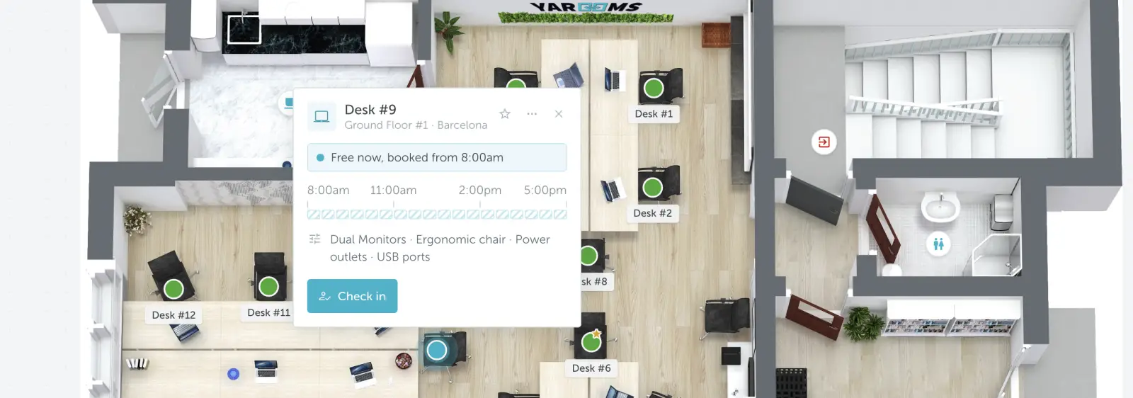Desk #9 popup on the Map View with a Check in button