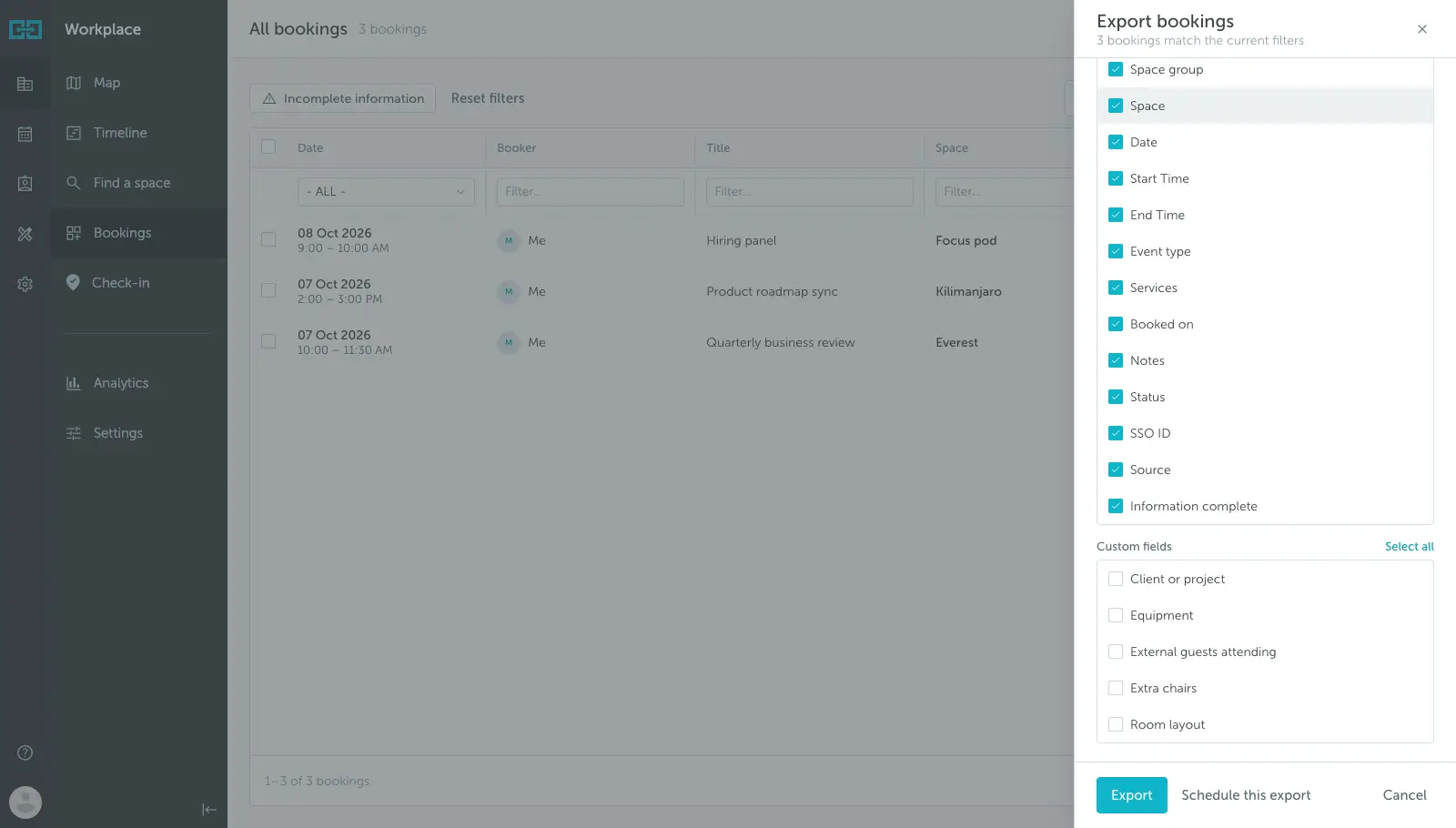 Custom field columns in the bookings export
