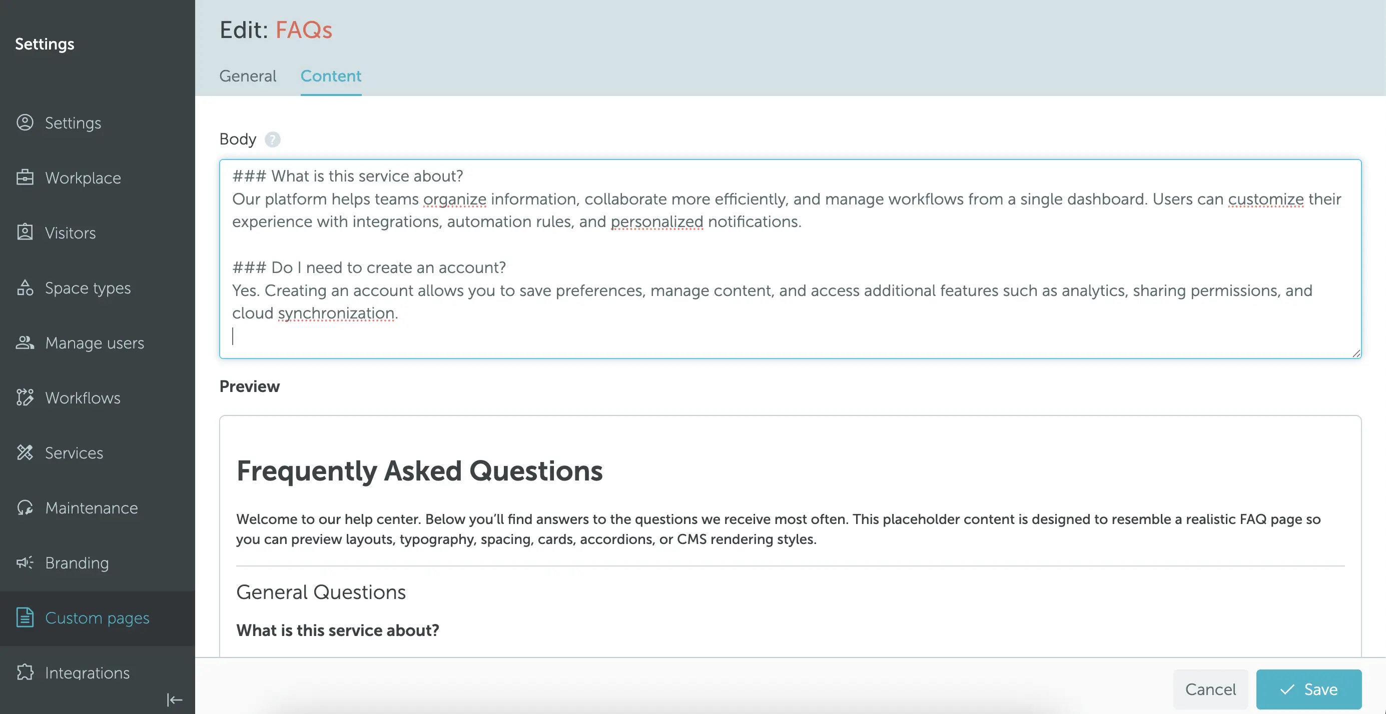 Custom page content tab