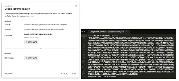 Google IdP Information dialog