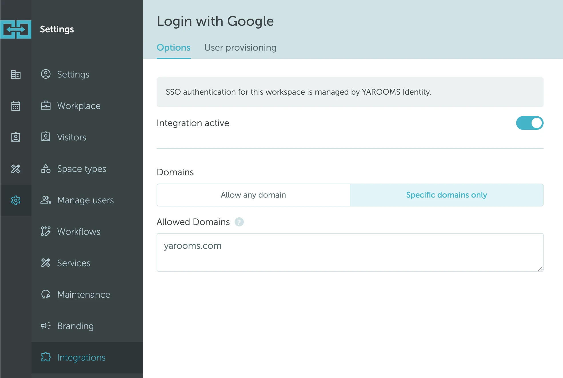 Login with Google integration settings in YAROOMS