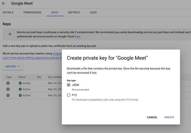Generate JSON key for service account