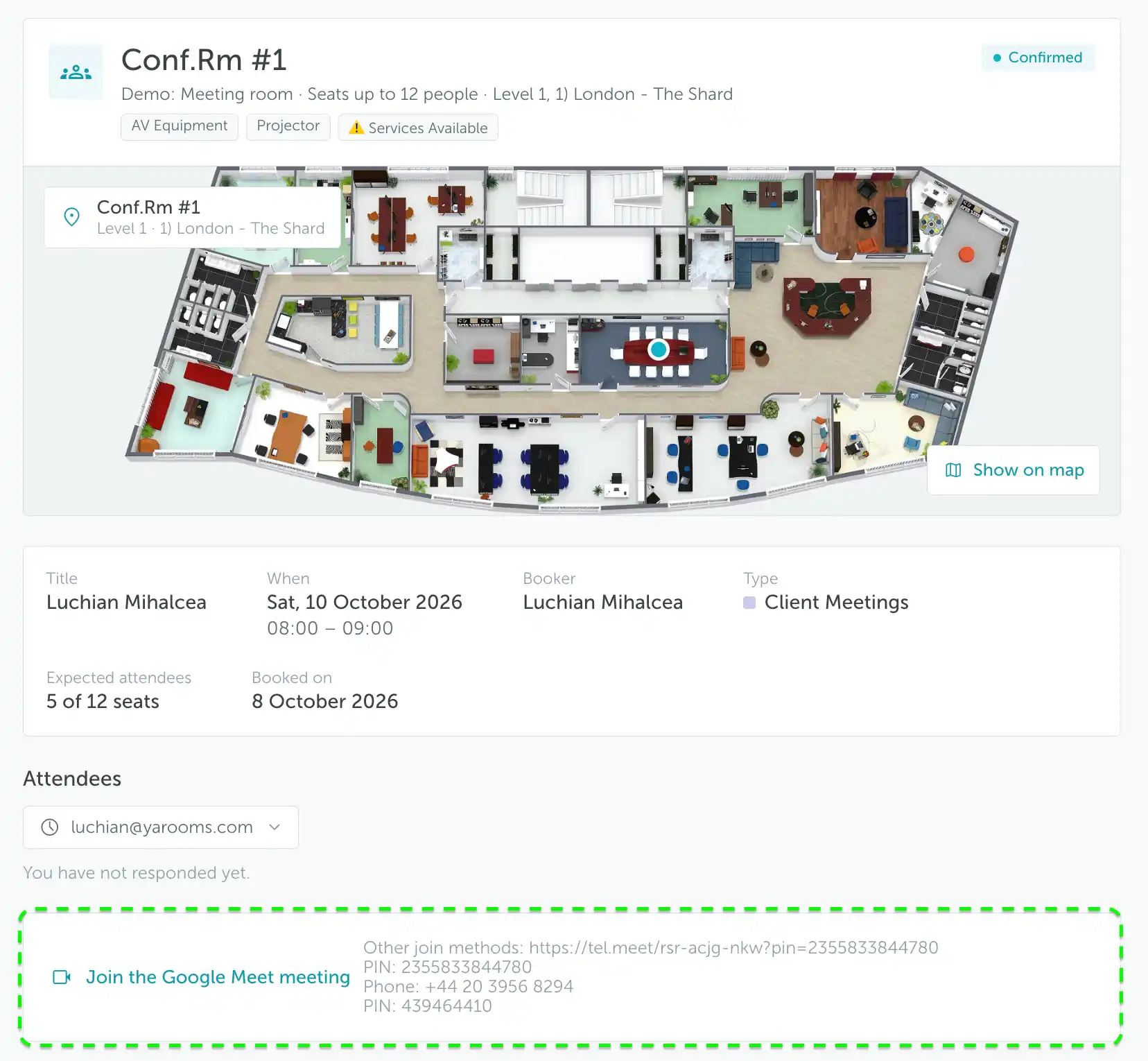 Booking details with the Google Meet join link and additional joining information