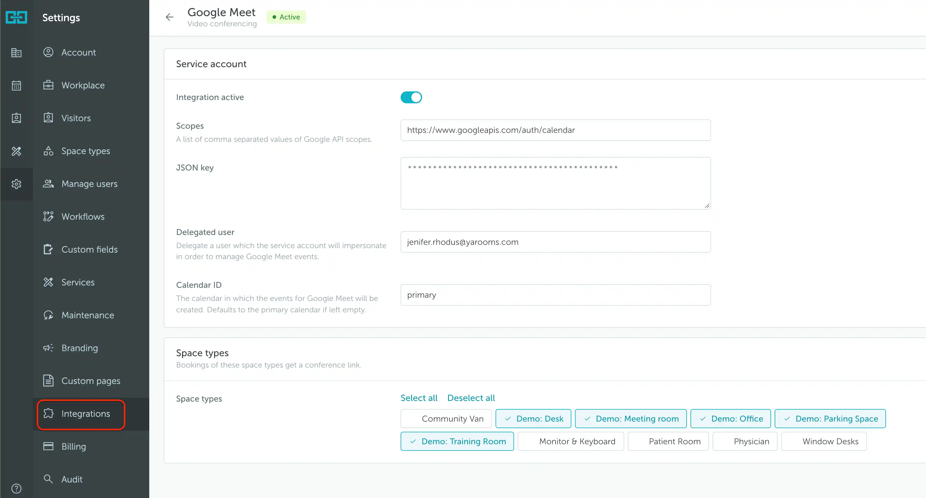 Google Meet integration showing service account settings and enabled space types