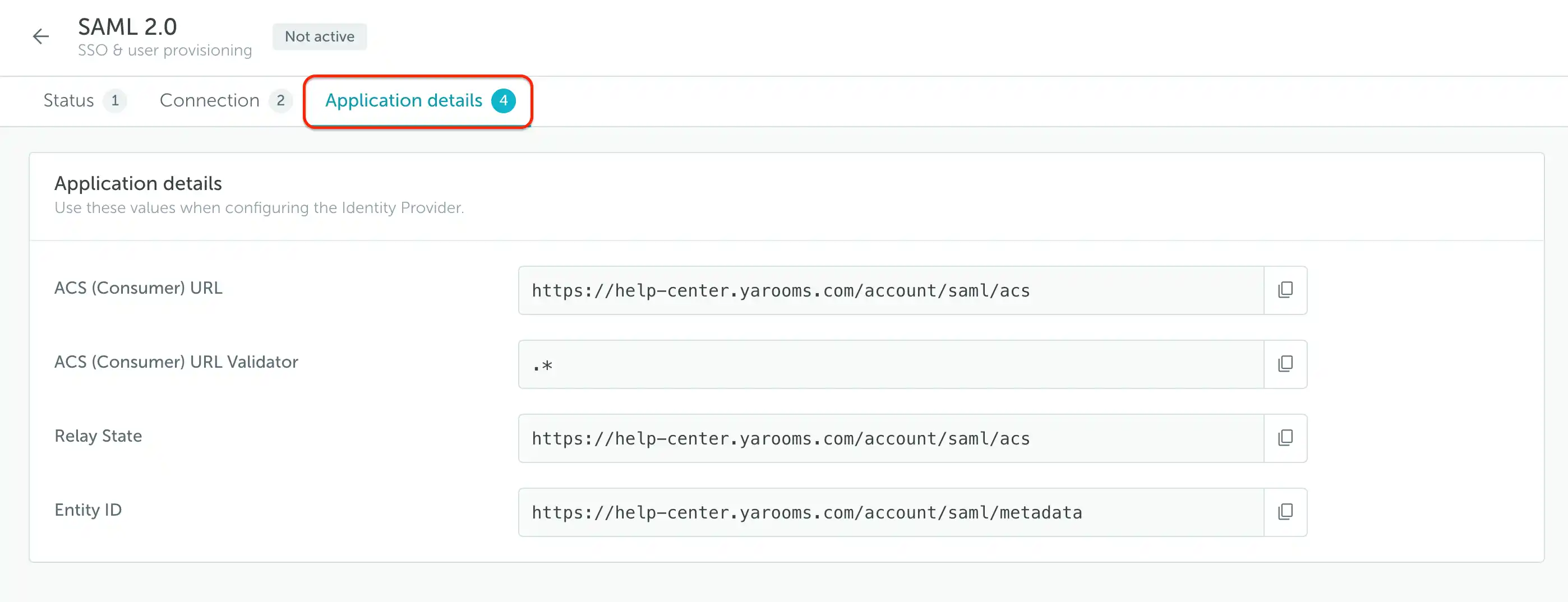 YAROOMS Application details with ACS URL, Relay State, and Entity ID