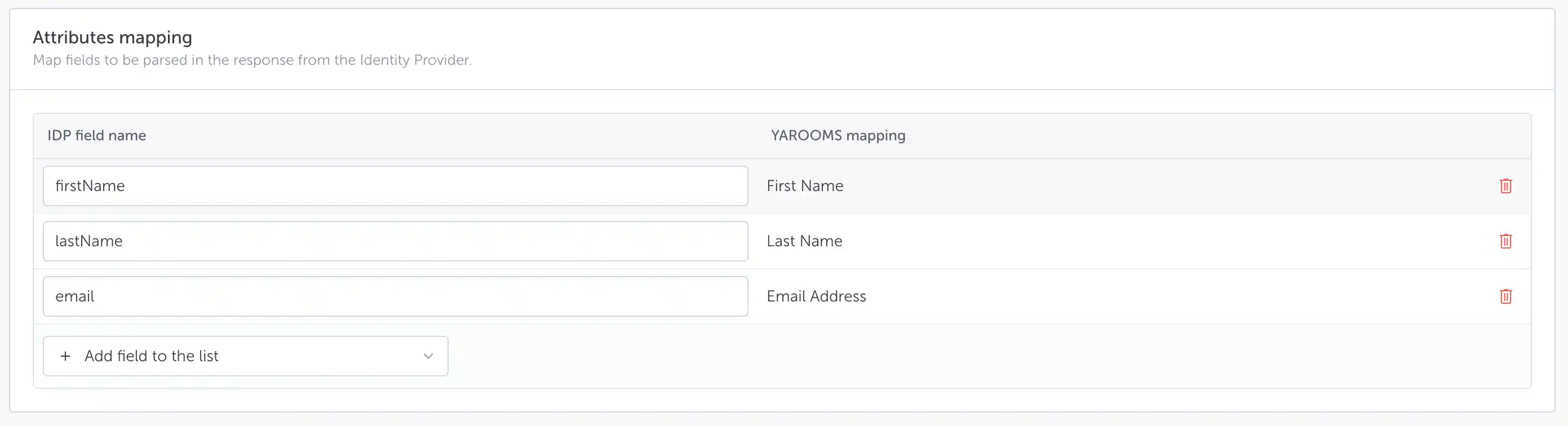 YAROOMS Attributes mapping interface with example identity provider fields
