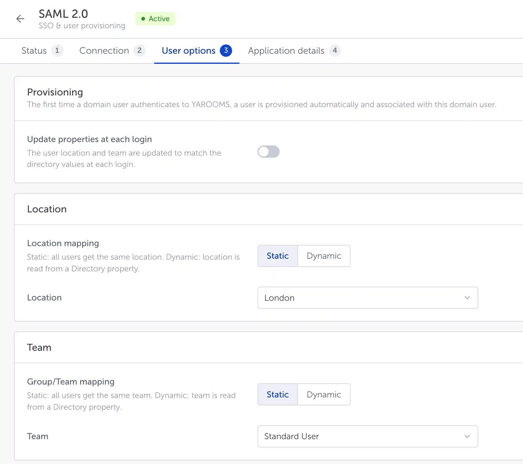SAML User options with provisioning settings and static location and team mapping