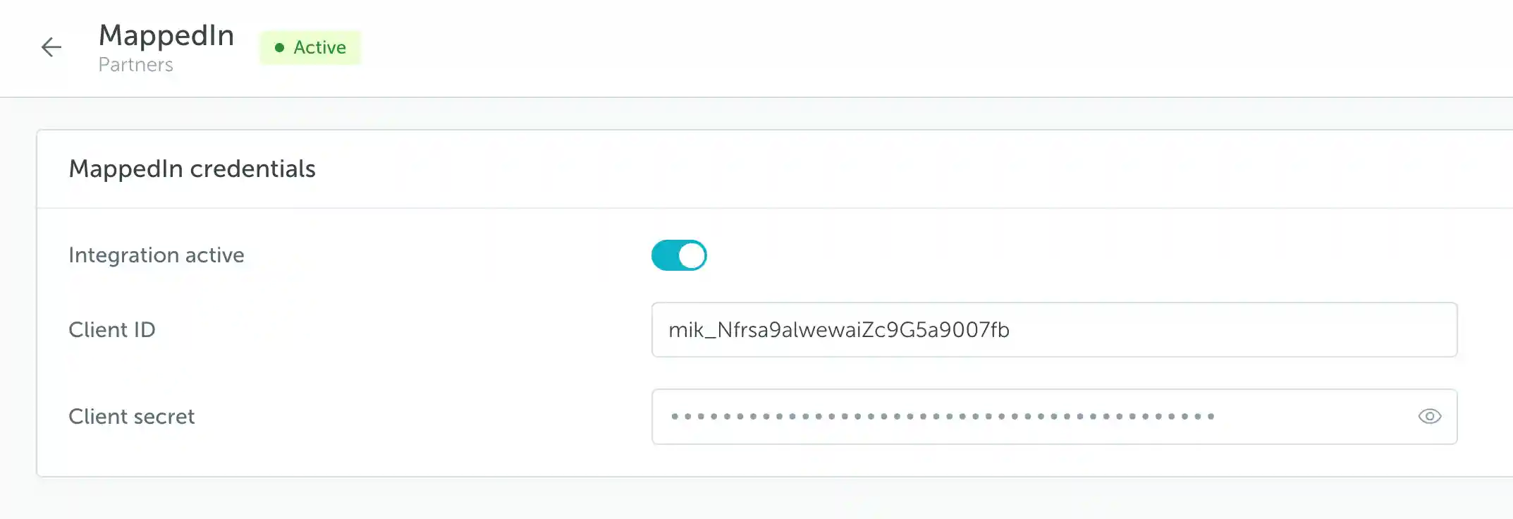 MappedIn integration enabled with Client ID and masked Client secret