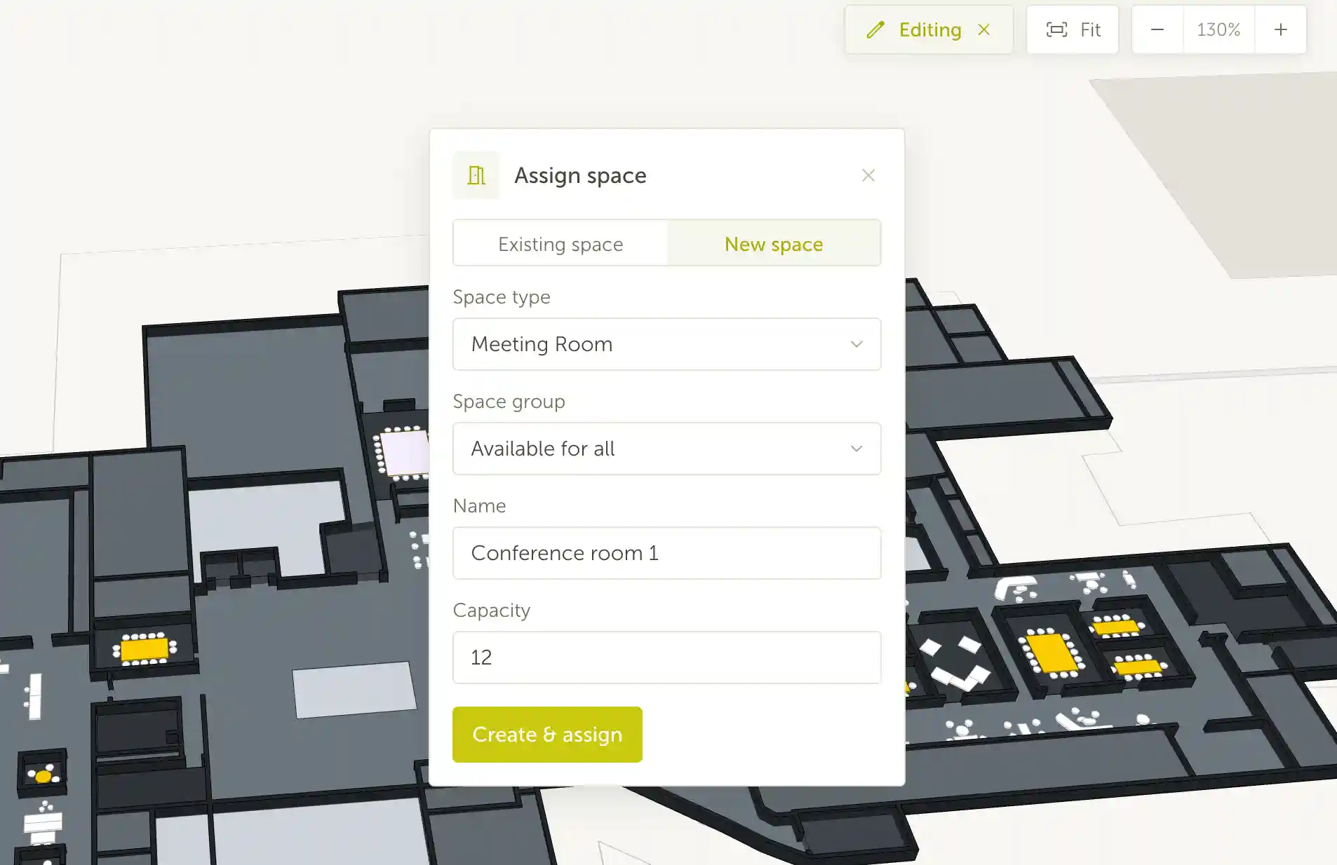 Assign space dialog with New space selected and room details ready to create and assign