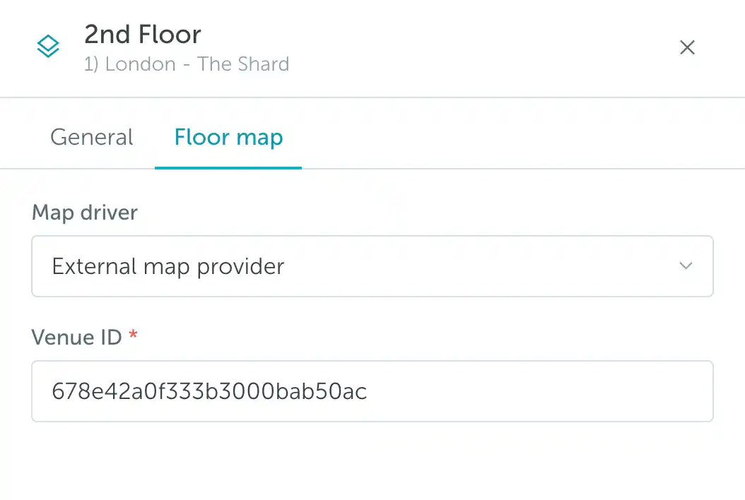 Floor map tab with External map provider selected and the Venue ID field