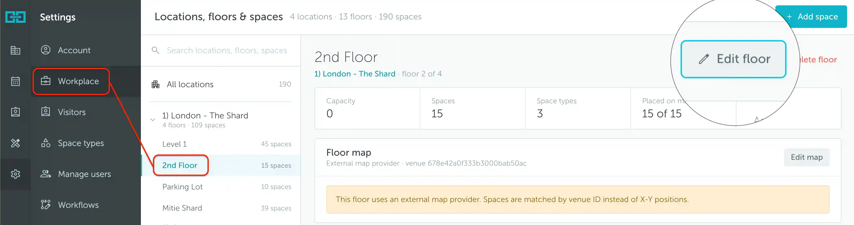 Workplace settings with a floor selected and the Edit floor button highlighted