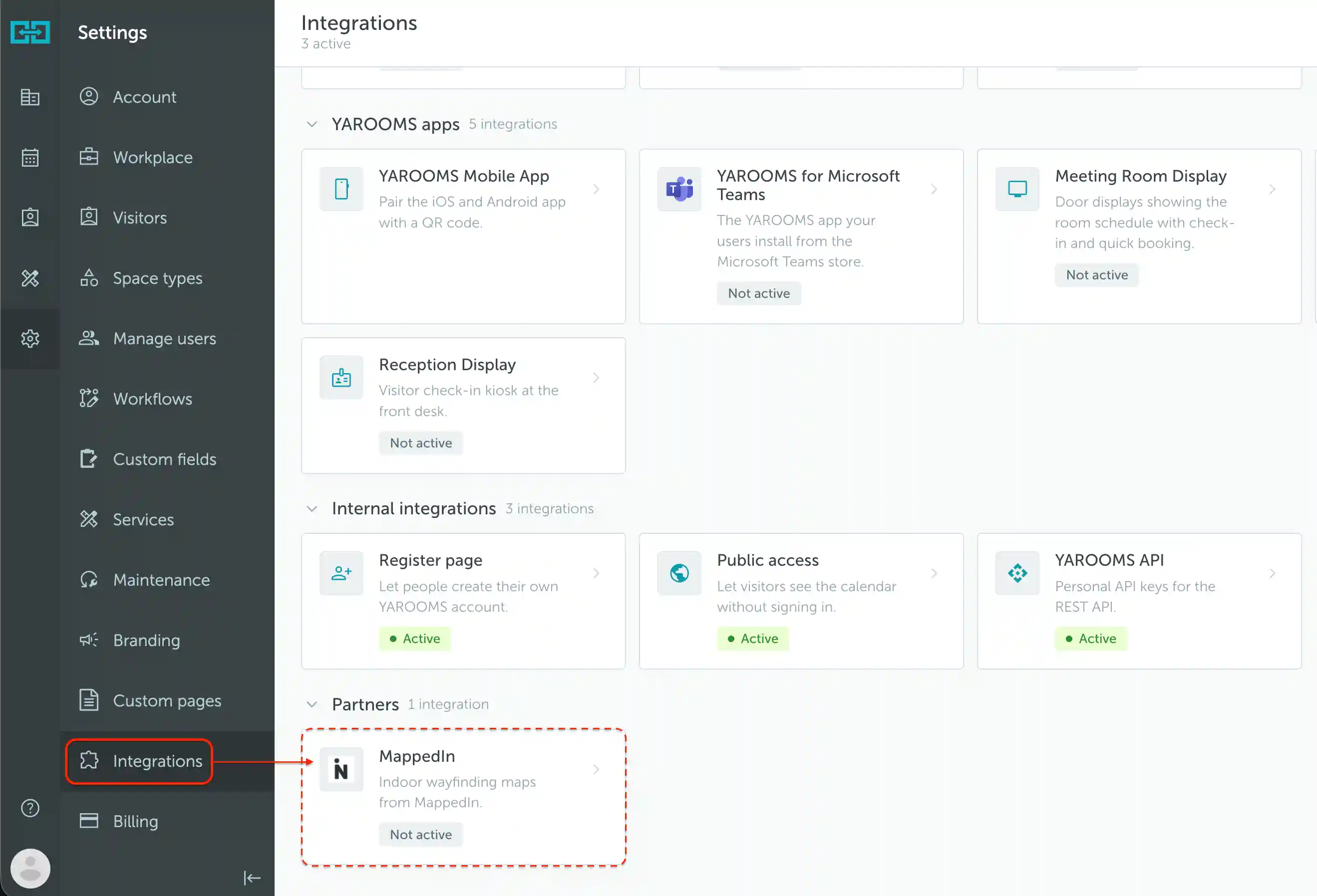 MappedIn under Partners in the Integrations page