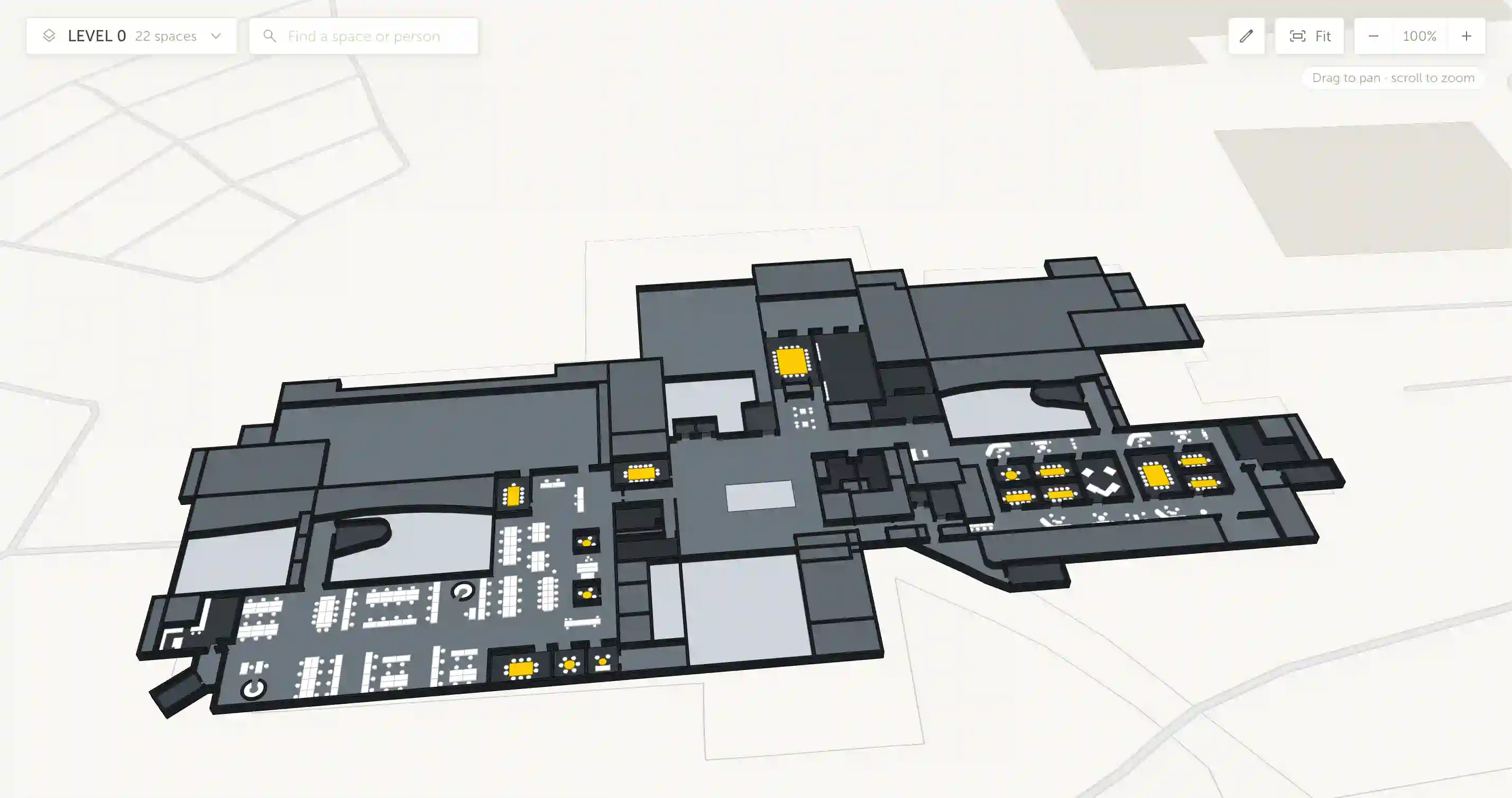 Mappedin 3D office map with floor selector, search, and zoom controls