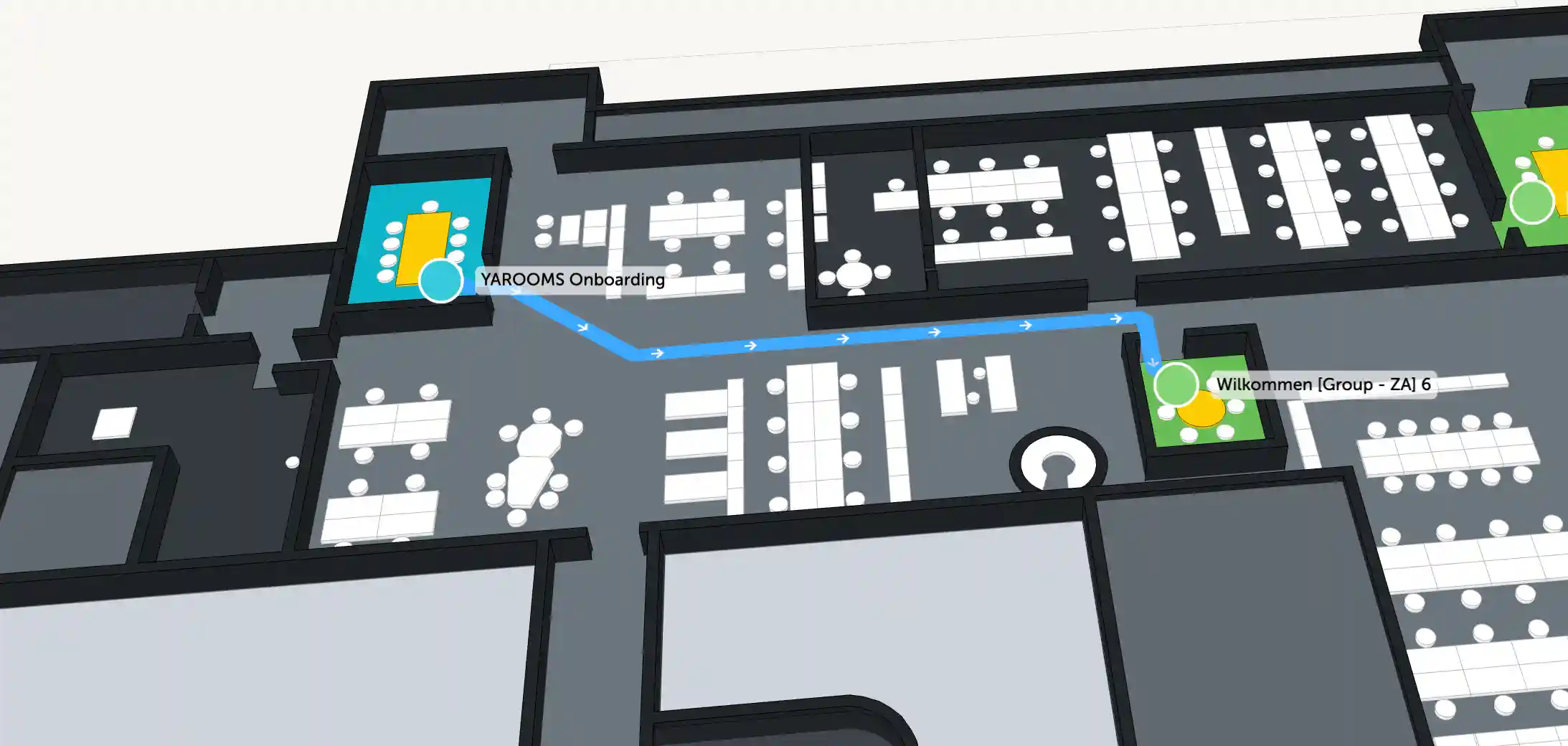 Wayfinding route between two spaces on the Mappedin office map