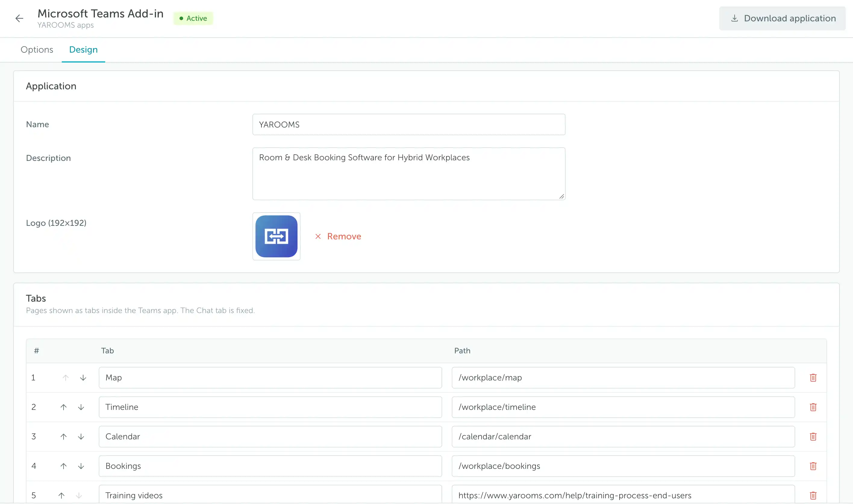 Microsoft Teams Add-in Design tab with application name, description, logo, and configurable tabs