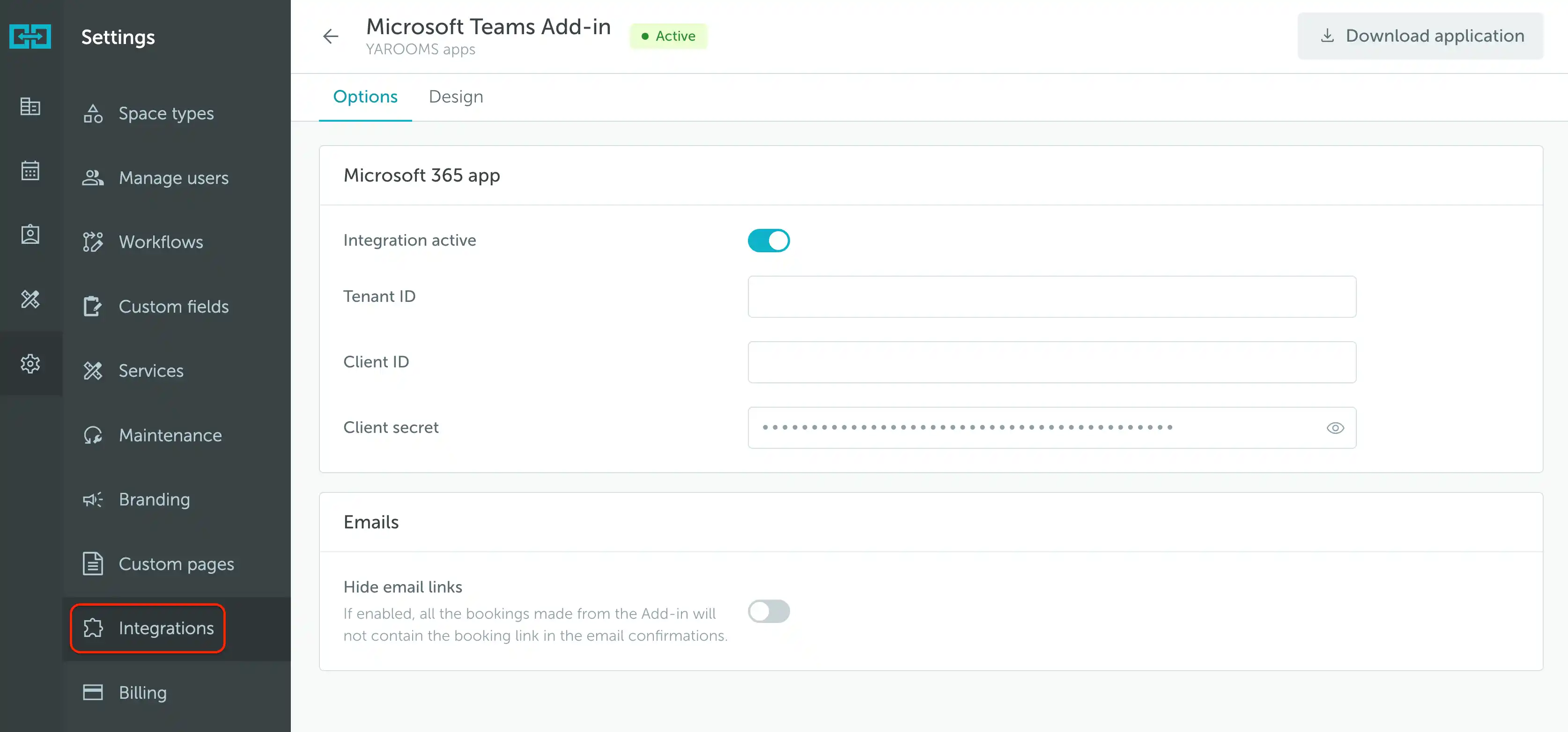 Microsoft Teams Add-in Options tab with Microsoft 365 app credentials and email settings
