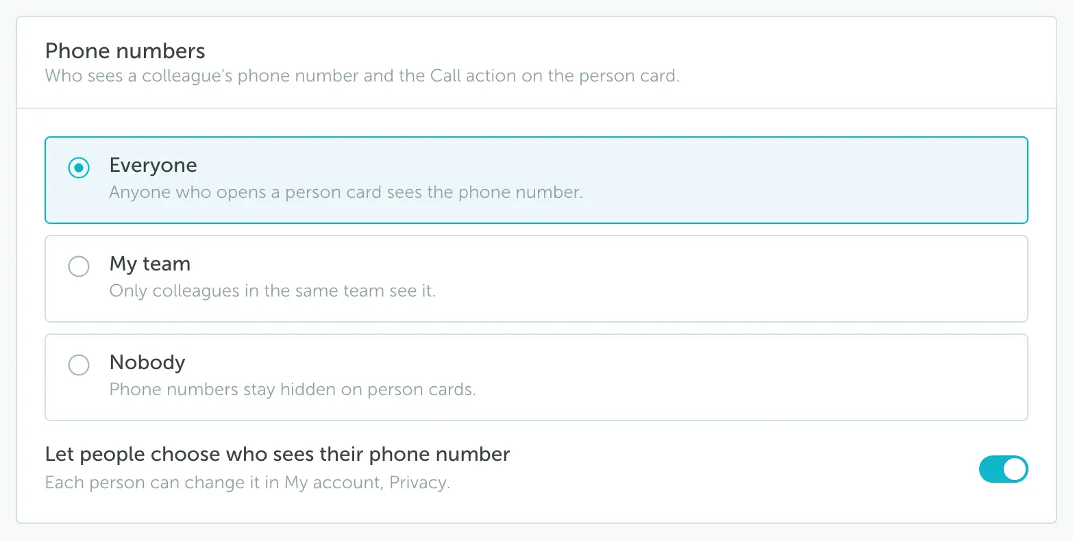 Org chart settings with the Phone numbers options