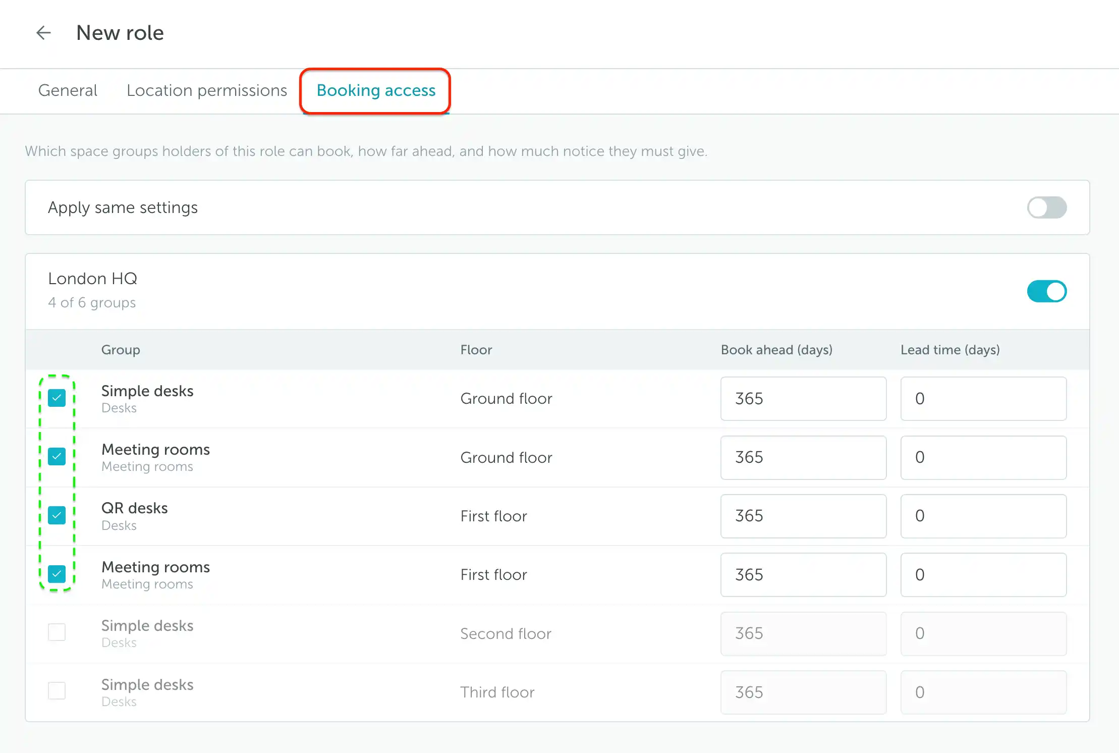 Booking access showing space groups selected by location and floor
