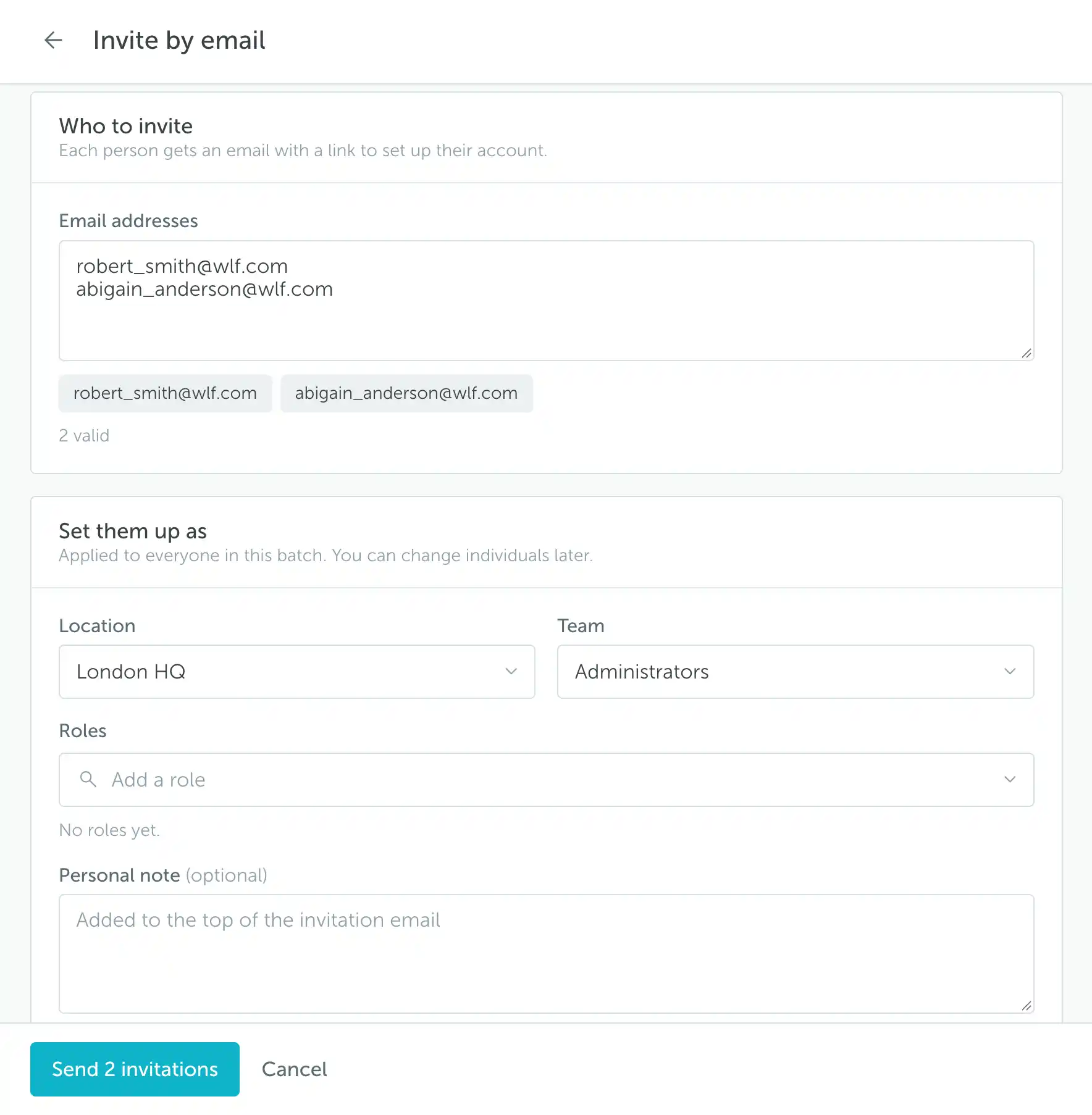 Invite by email with recipient addresses, location, team, and role settings