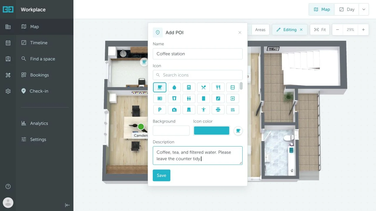 Add POI form with name, icon, colors, and optional description