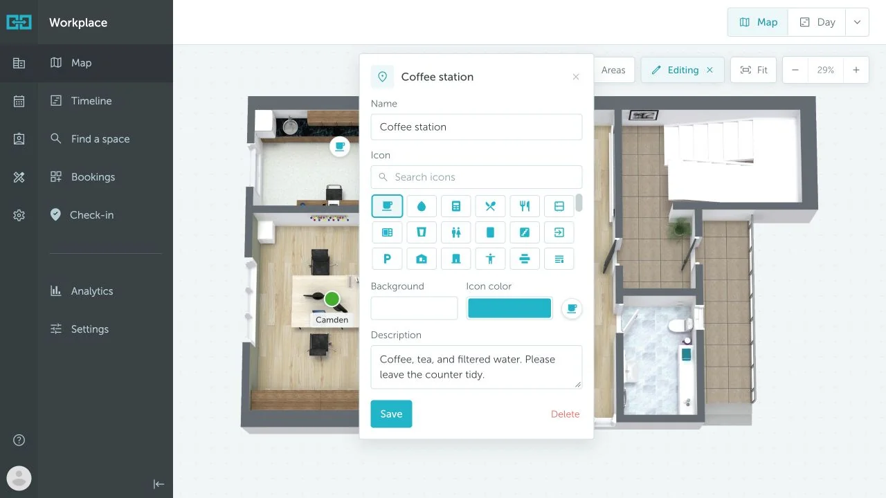 Existing Coffee station POI with editable details and Save and Delete controls