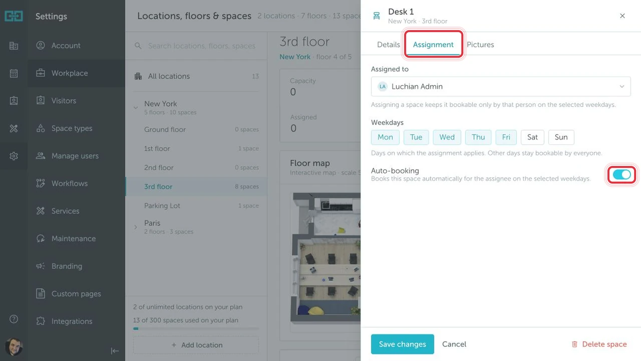 Space Assignment tab with Auto-booking highlighted