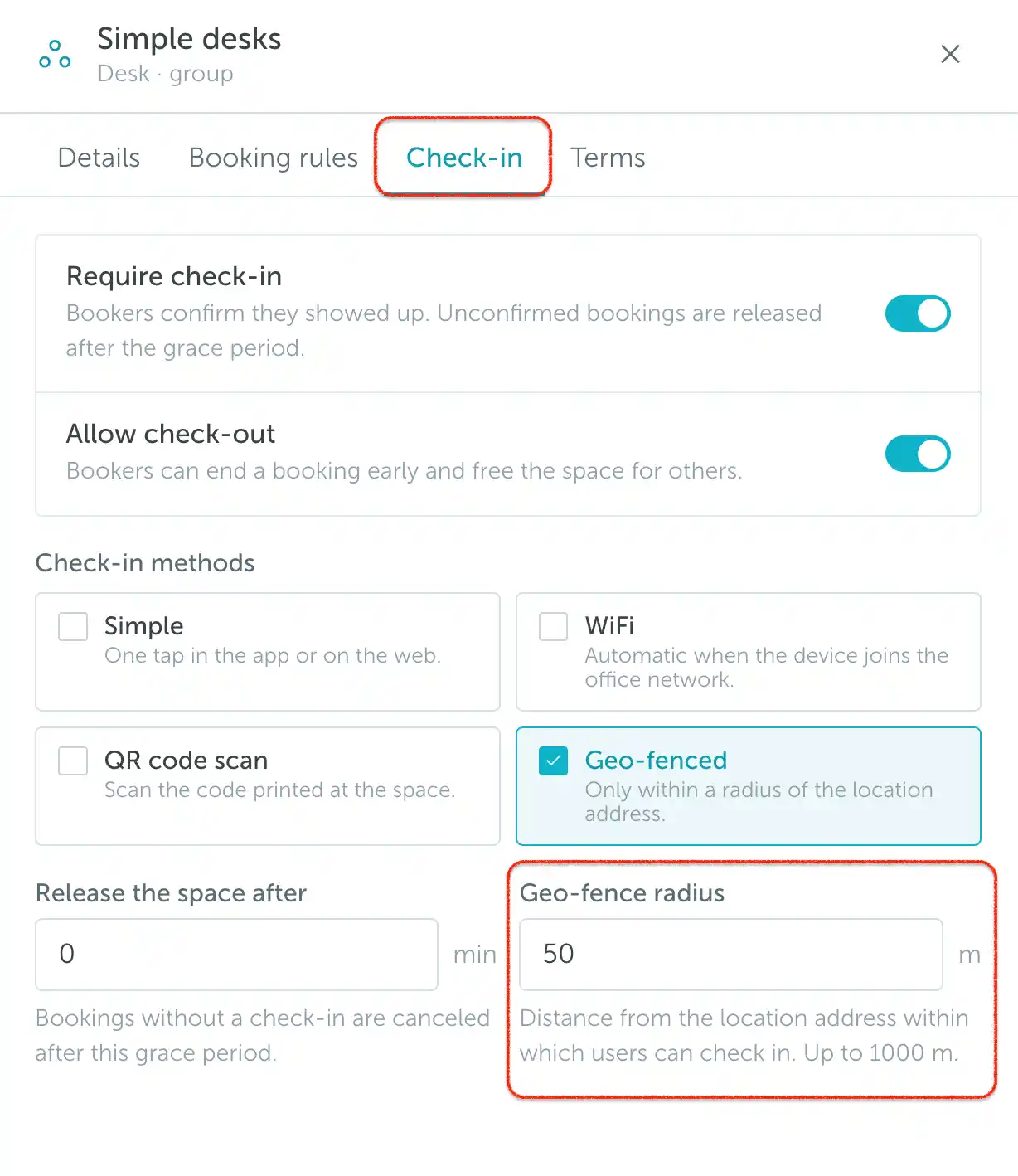 Space group Check-in tab with check-in methods, grace period, and geo-fence radius