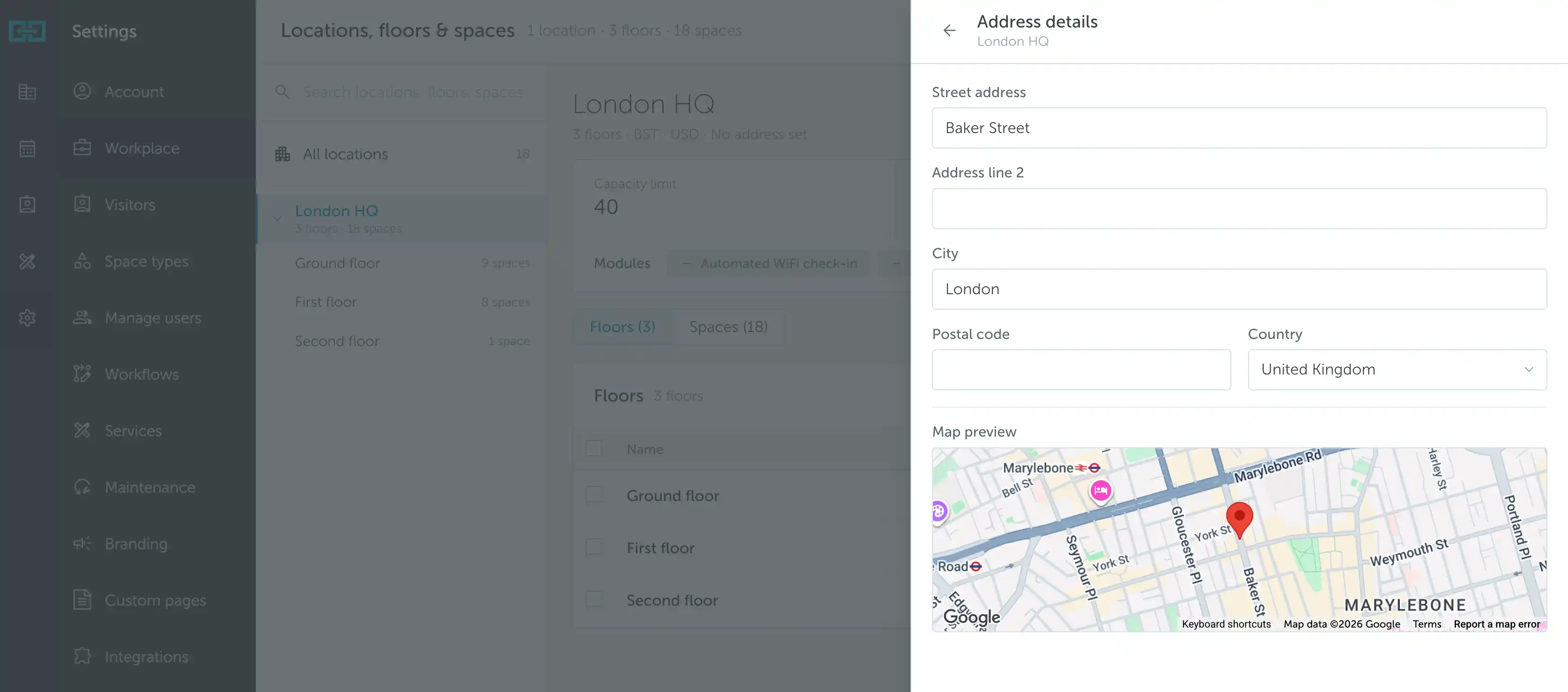 Location address details and map preview
