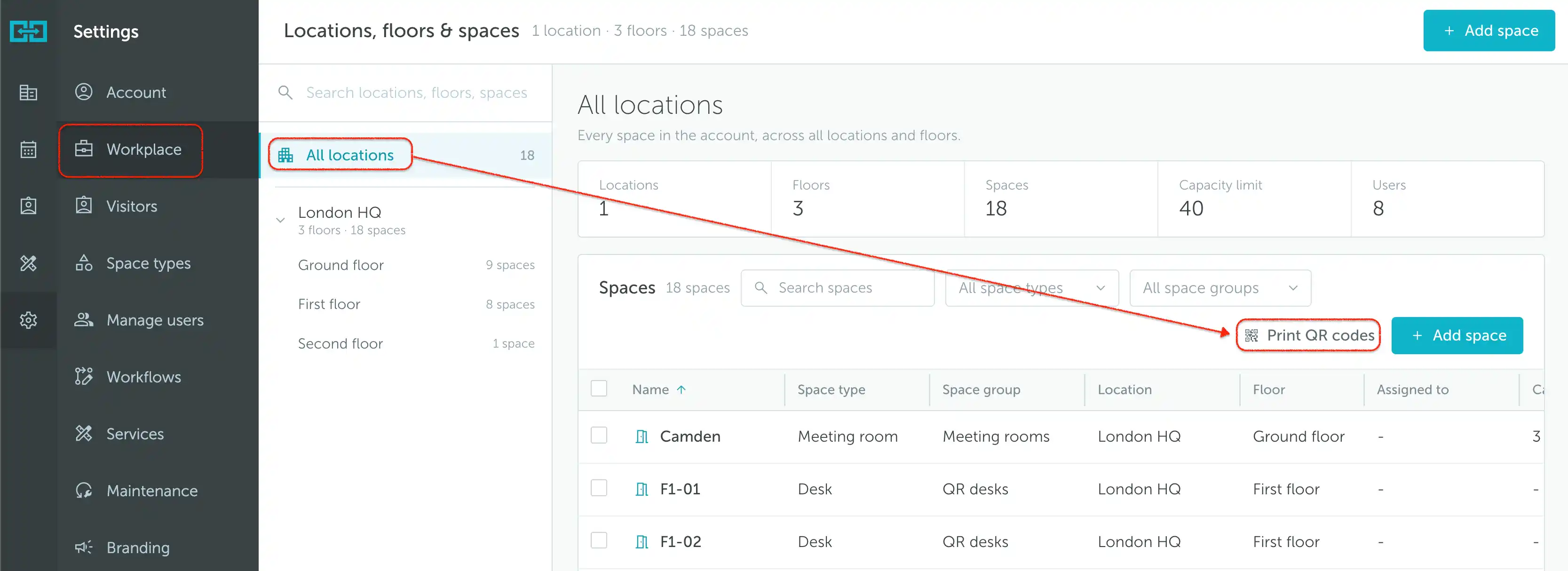 All locations spaces list with Print QR codes highlighted