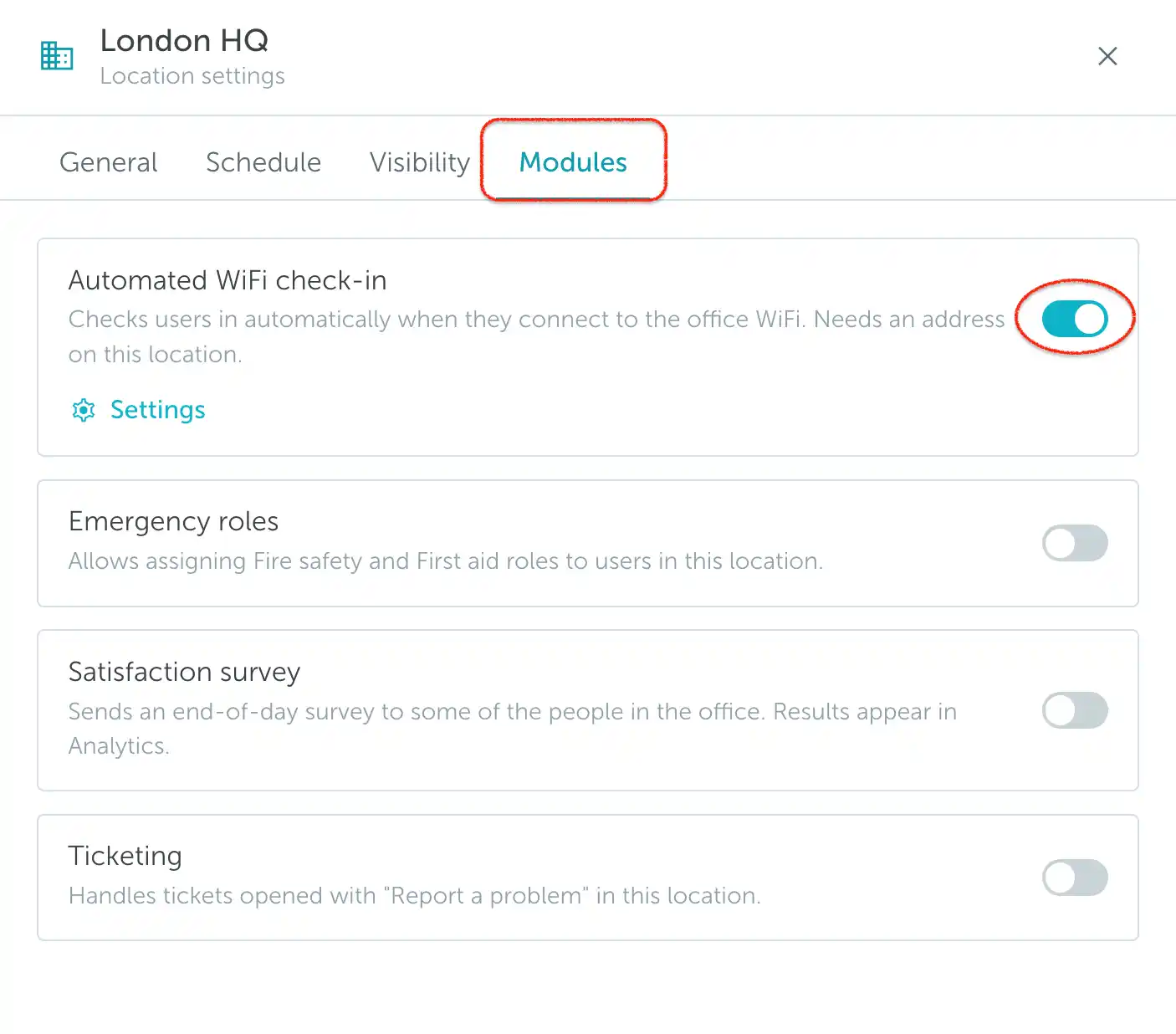 Automated WiFi check-in enabled in the location Modules tab