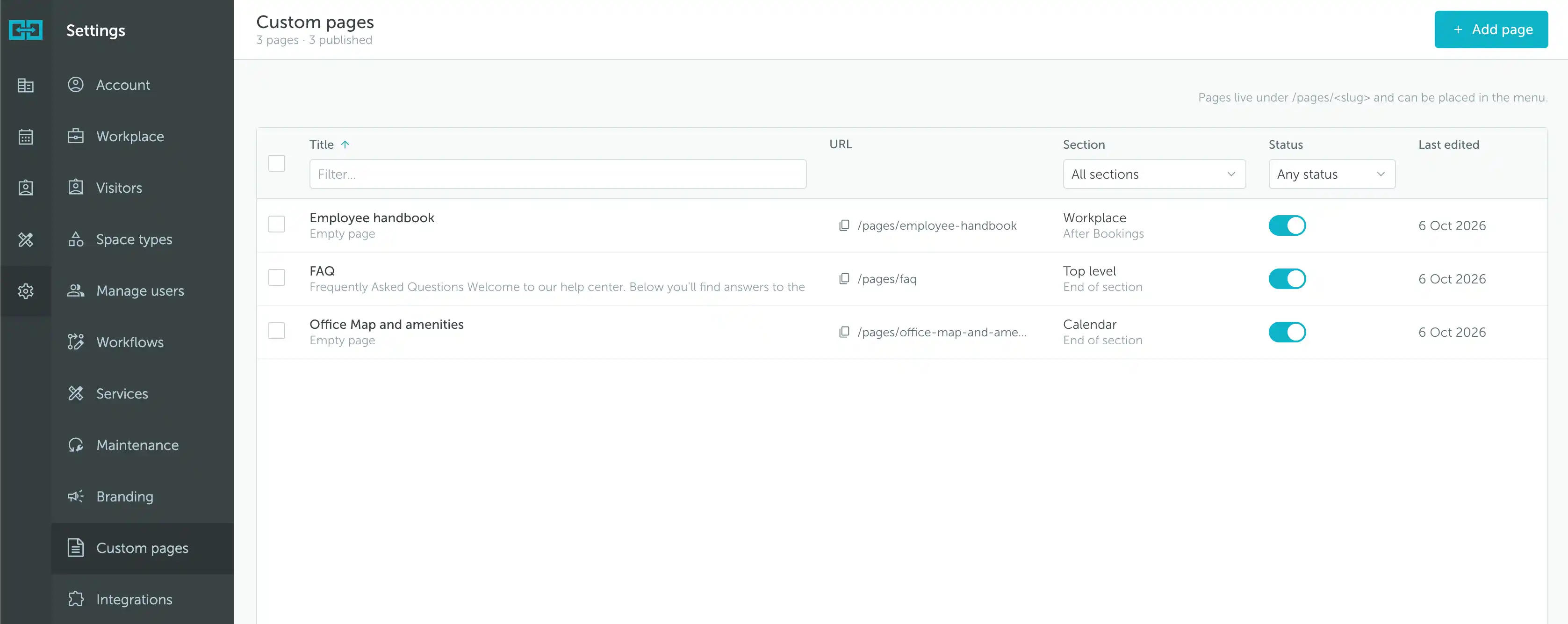Custom pages list with publication status and menu placement