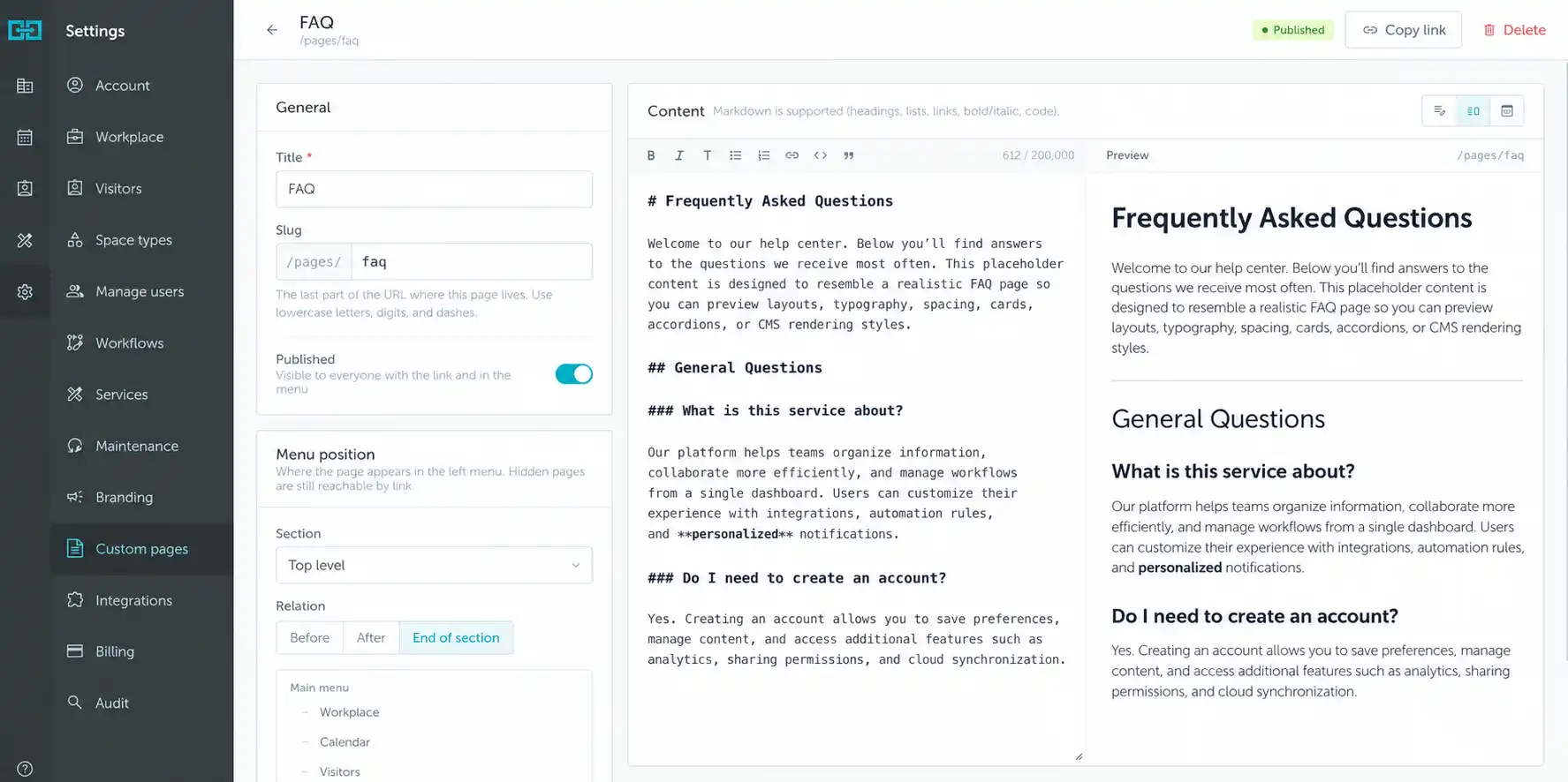 Custom page editor with General, Menu position, and live content preview