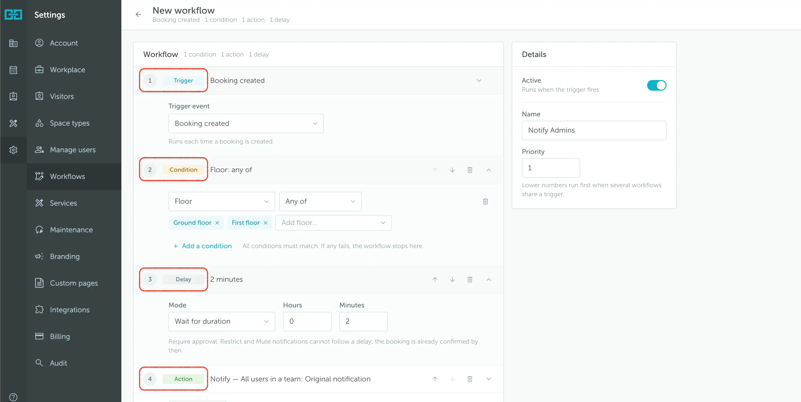 Workflow builder with trigger, condition, delay, action, and Details panel