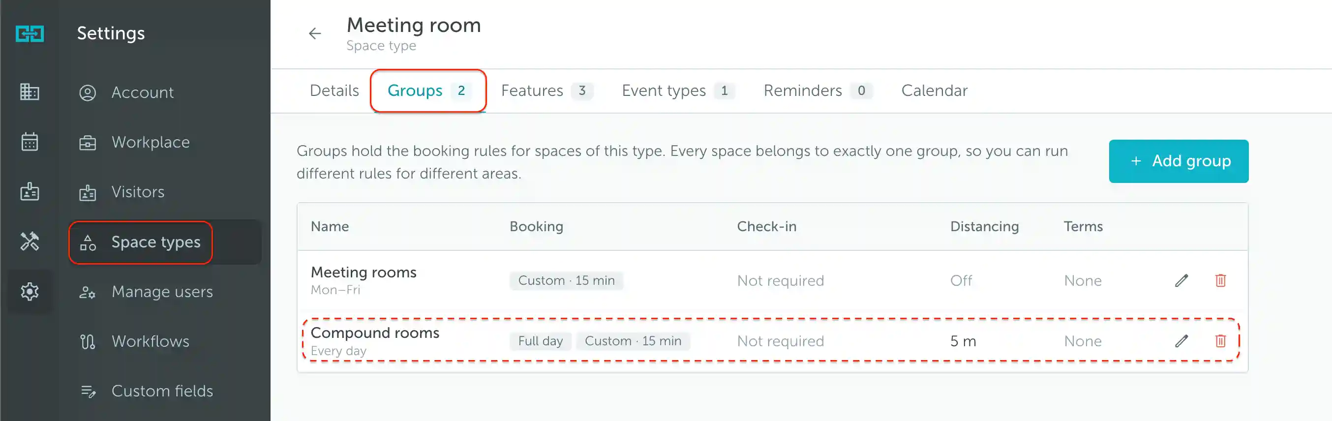 Meeting room groups with a separate Compound rooms group