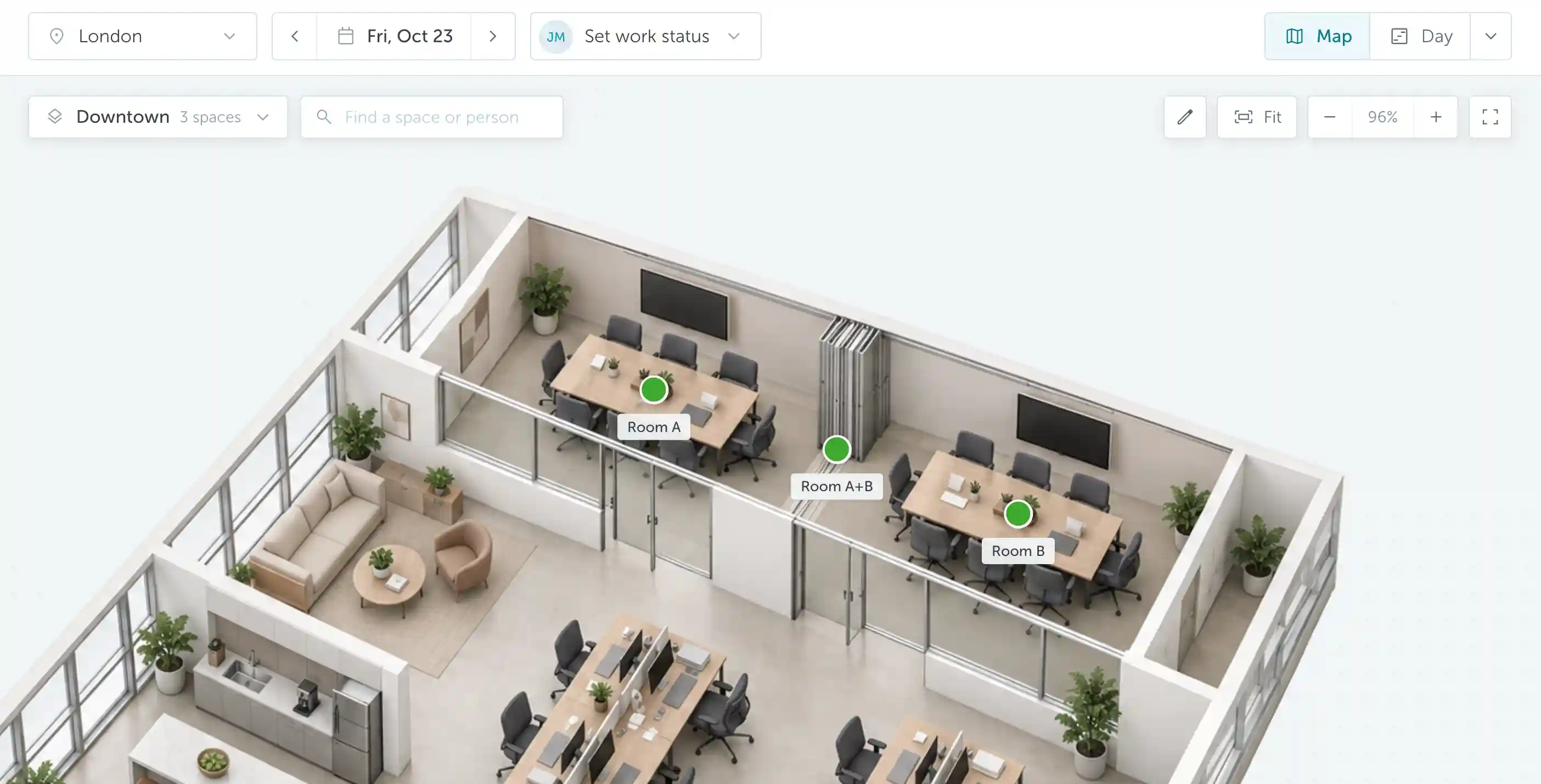 Map view with Room A and Room B on either side of the combined Room A+B marker