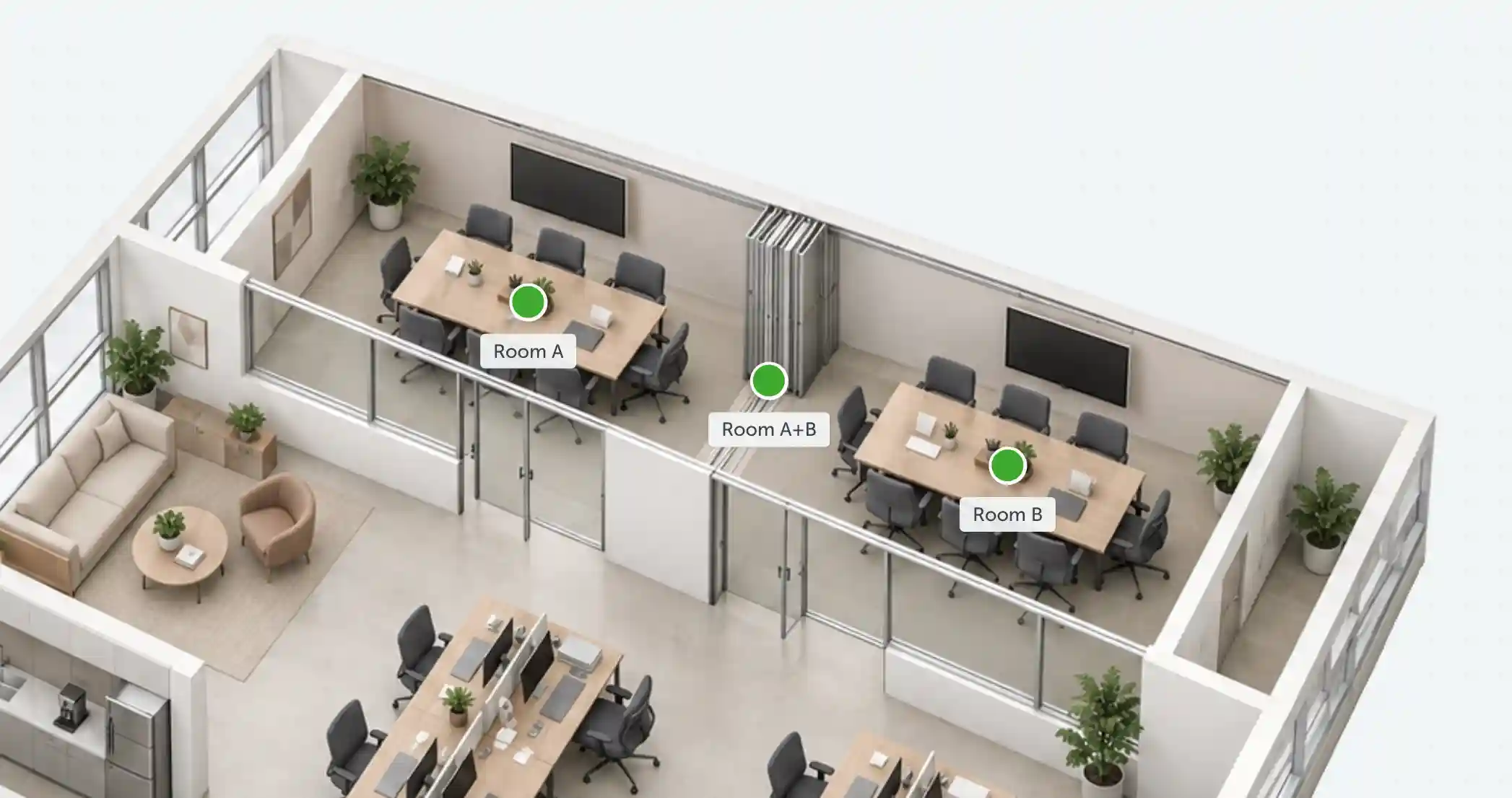Close-up of the three markers with Room A+B positioned between Room A and Room B