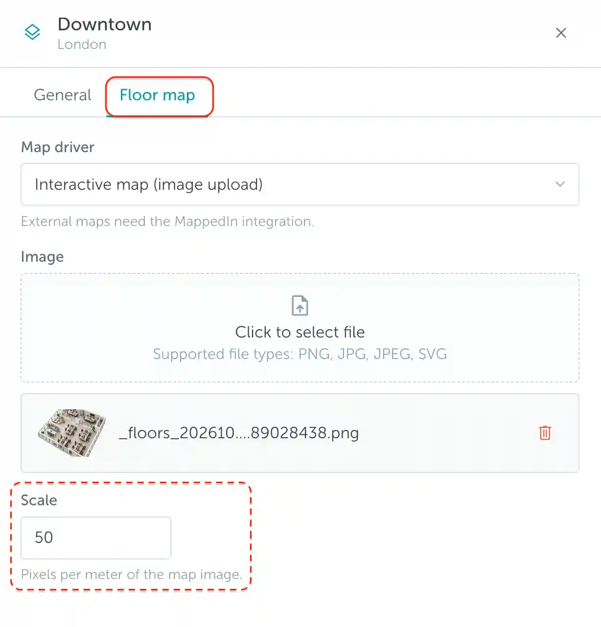 Floor map settings with the Scale field highlighted