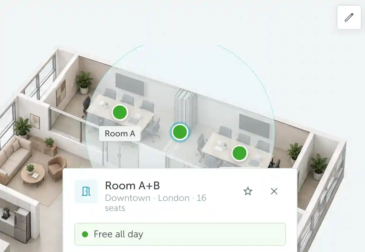 Room A+B selected on the map, with its distancing circle reaching the markers for Room A and Room B