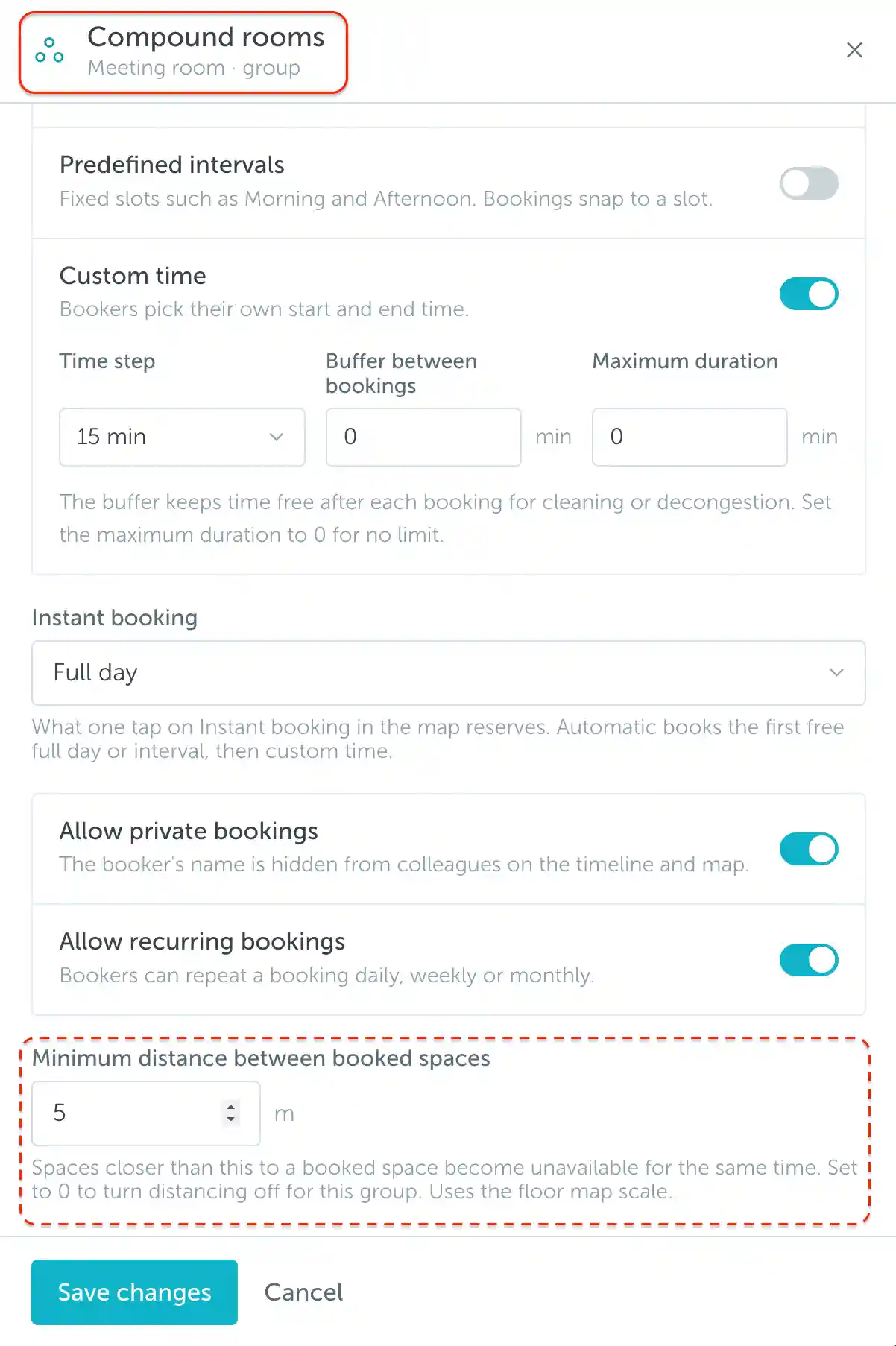 Compound rooms group with Minimum distance between booked spaces highlighted