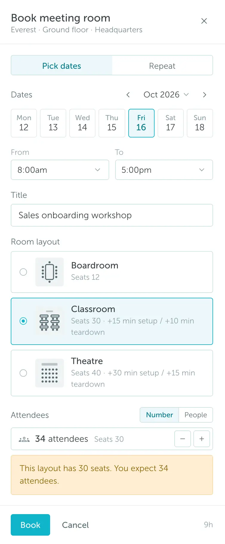 The booking window with the Boardroom, Classroom, and Theatre layouts and a capacity warning