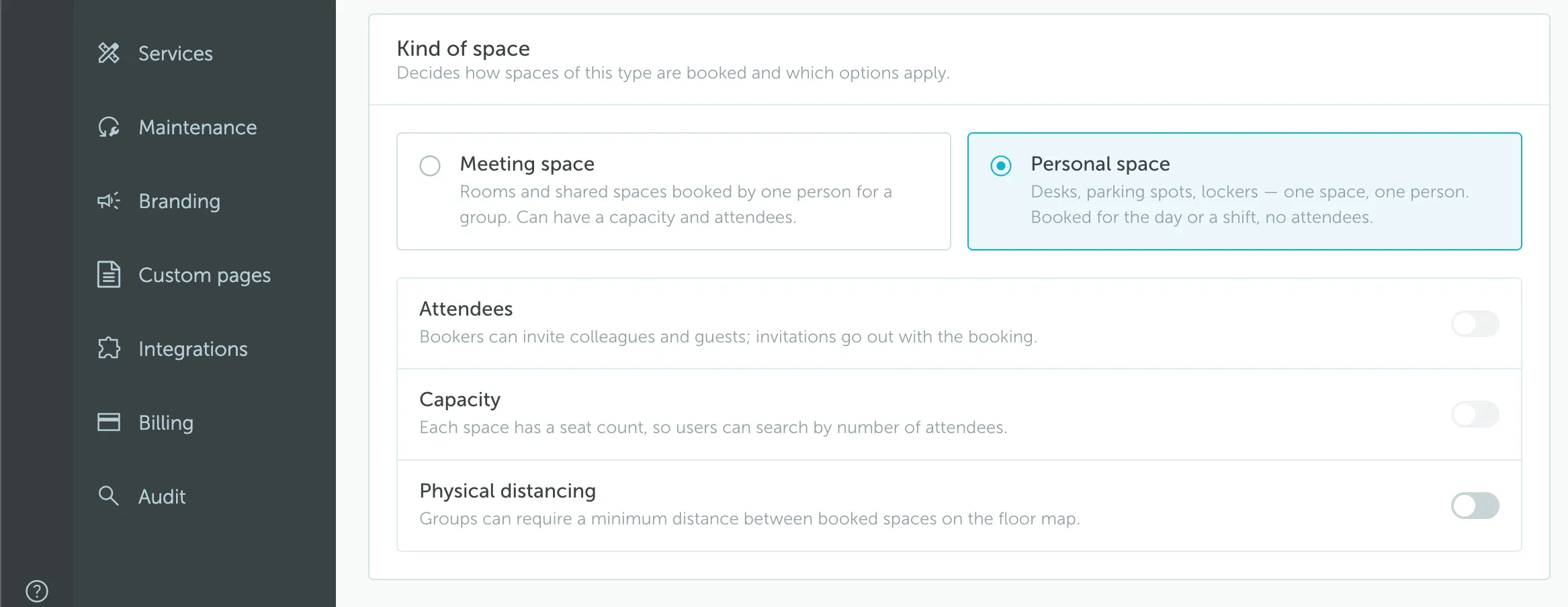 Space type Details showing Meeting space and Personal space options