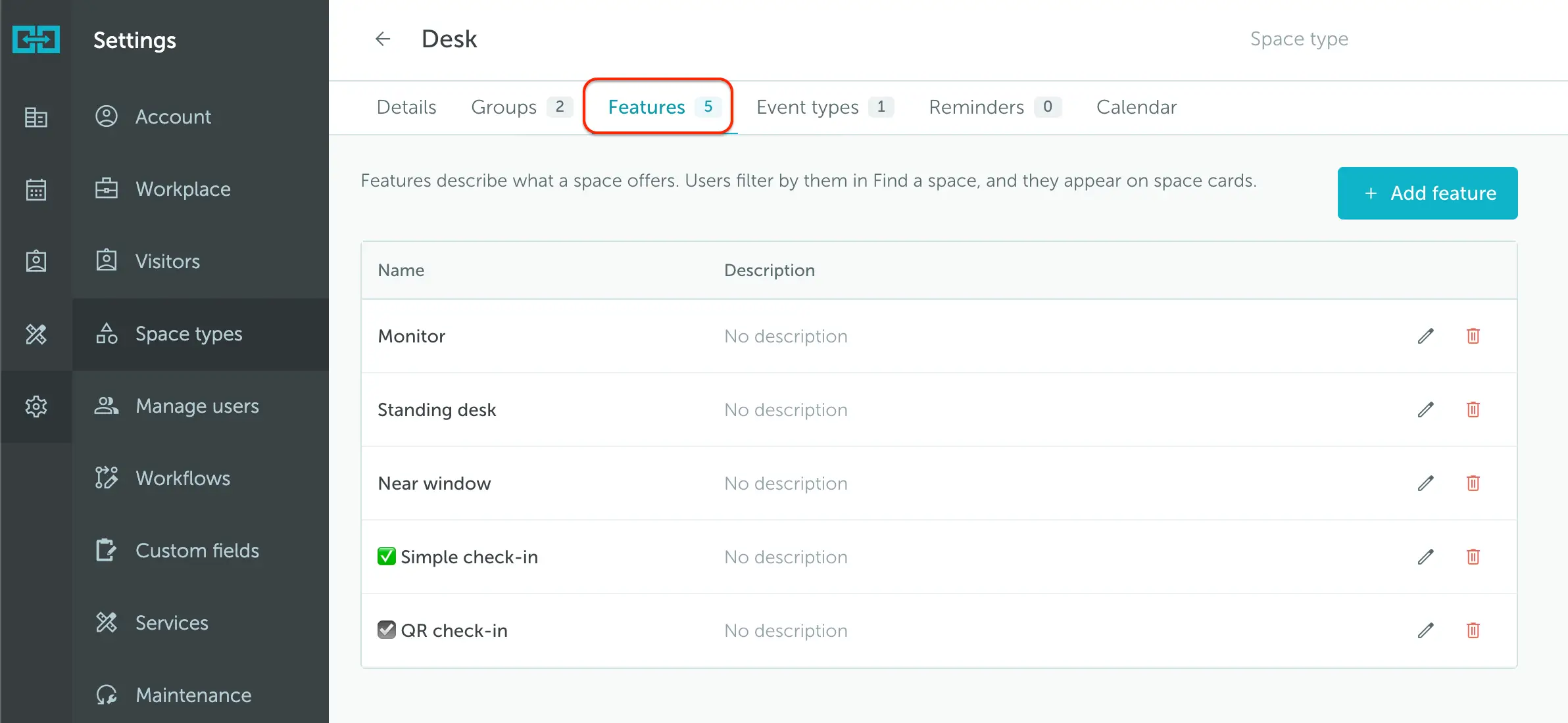Features tab with example desk amenities