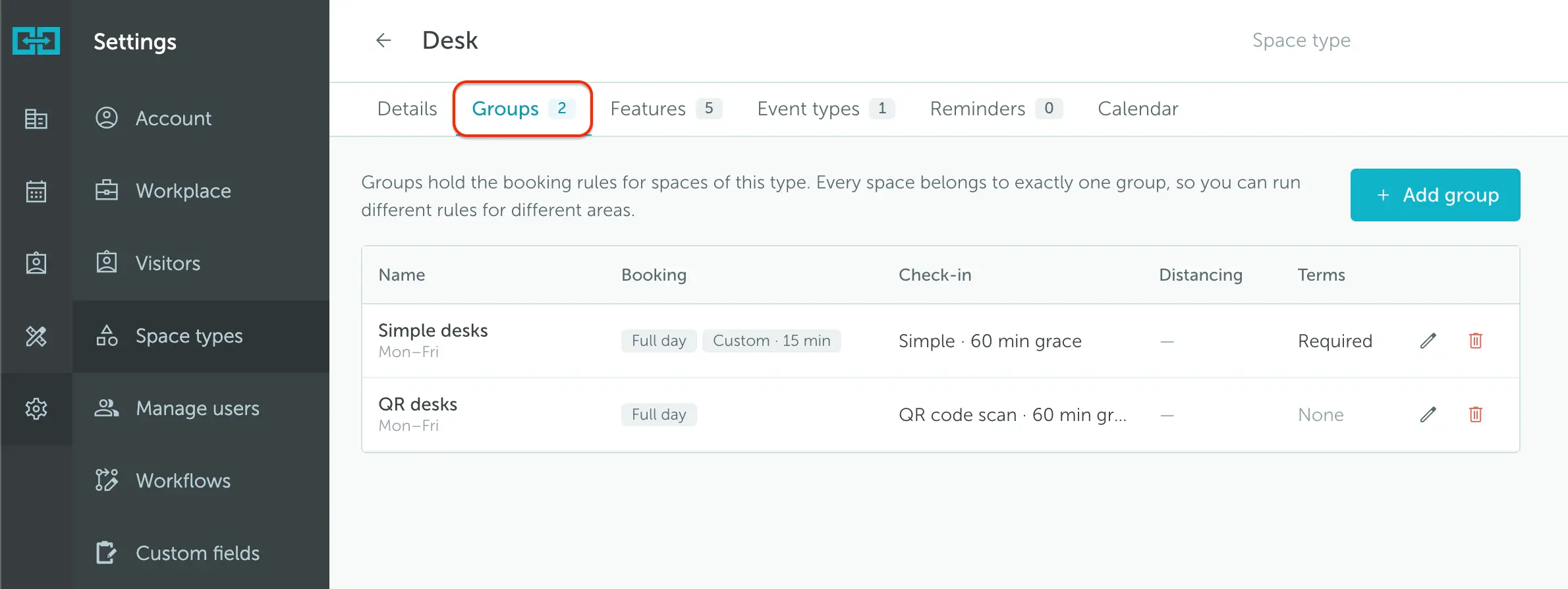Groups tab showing space groups and the Add group button
