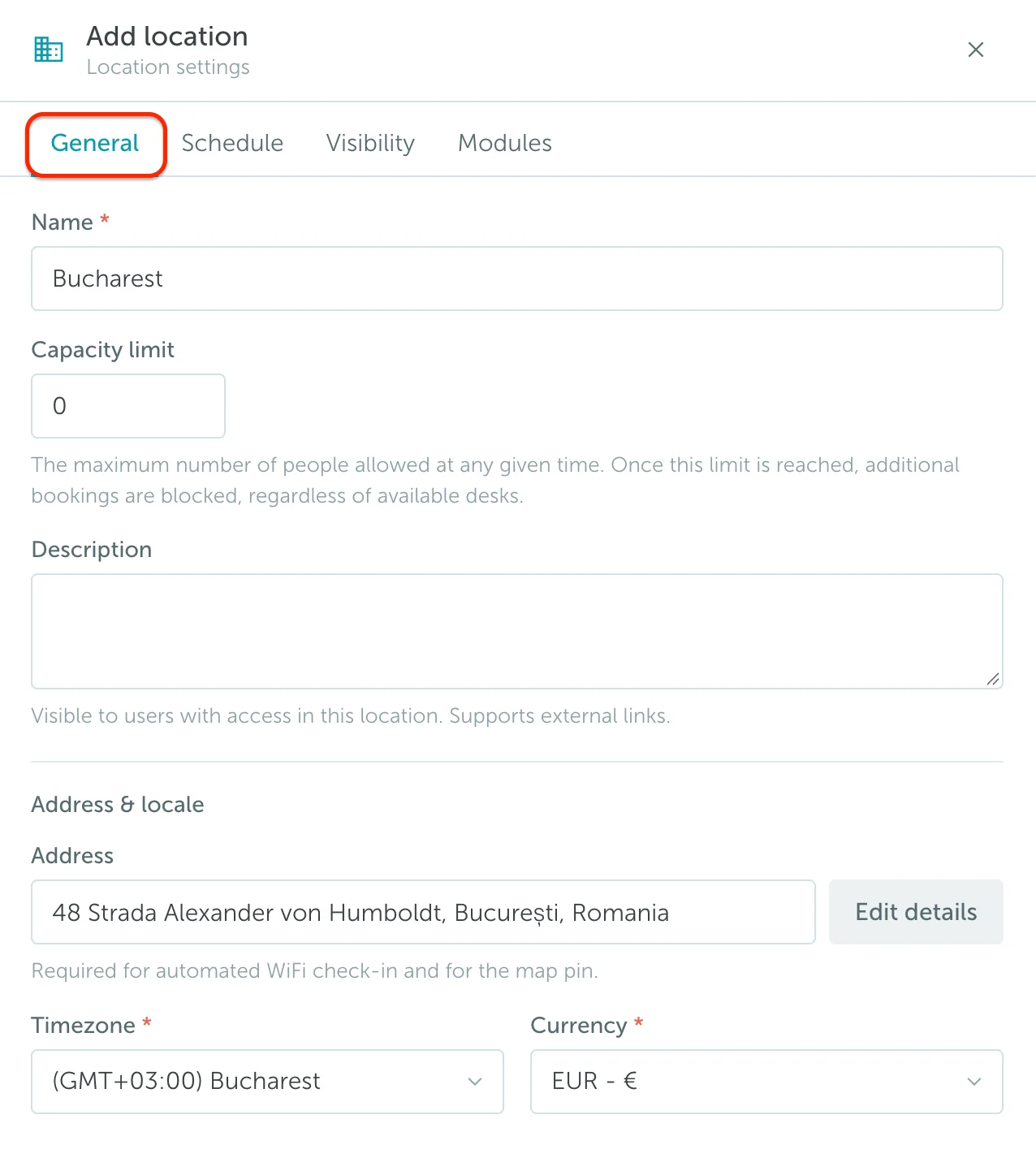 Add location general settings