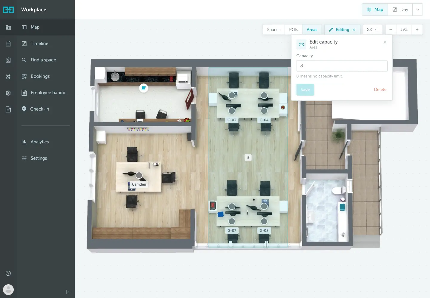 Areas mode and the Edit capacity dialog on the floor map
